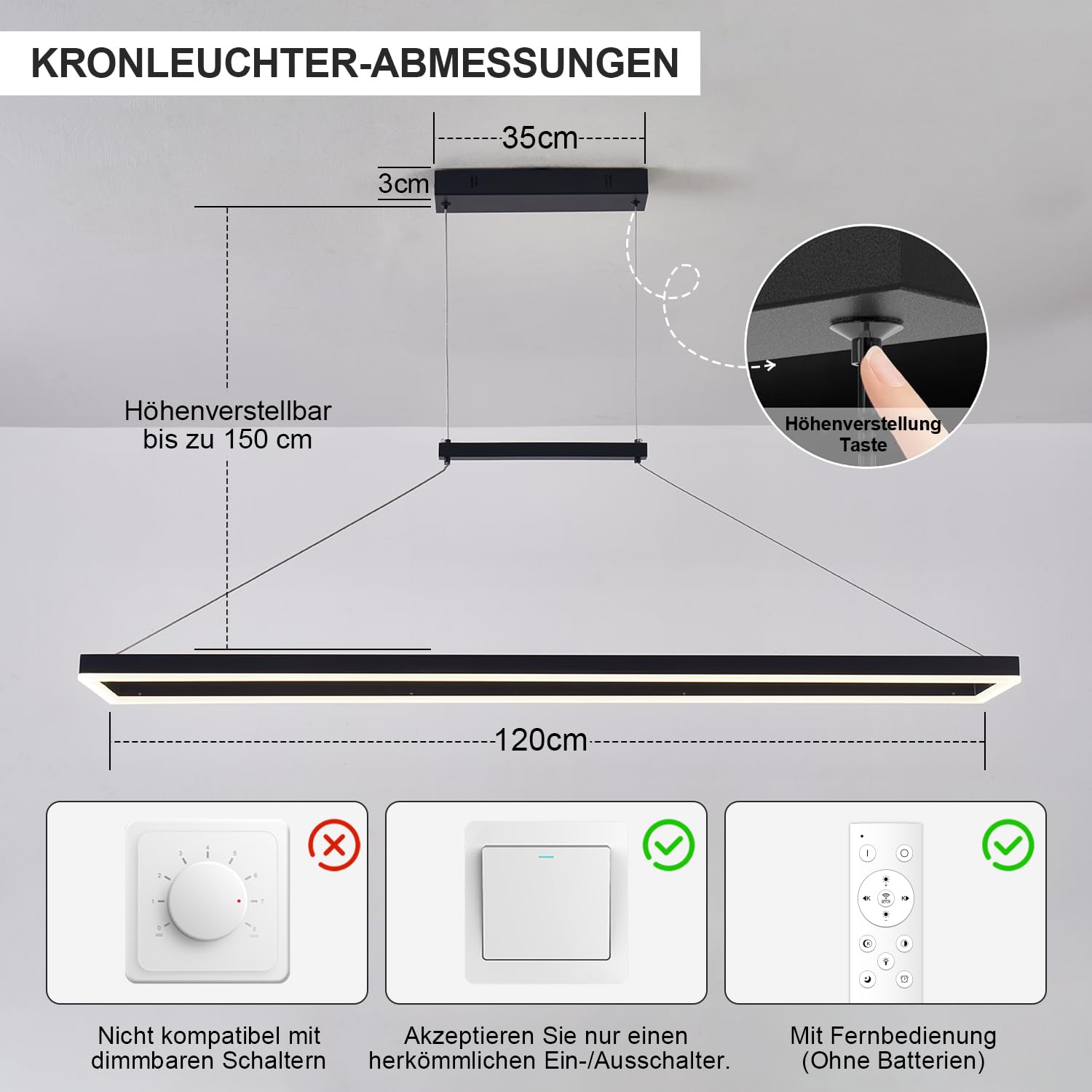 120CM LED Pendelleuchte Esstisch, 52W Dimmbar Hängelampe Esszimmer, Schwarz | Höhenverstellbar, Moderne Rechteckige Hängeleuchte mit Fernbedienung und Memory, Esszimmerlampe Hängend, für Küche Wohnzimmer