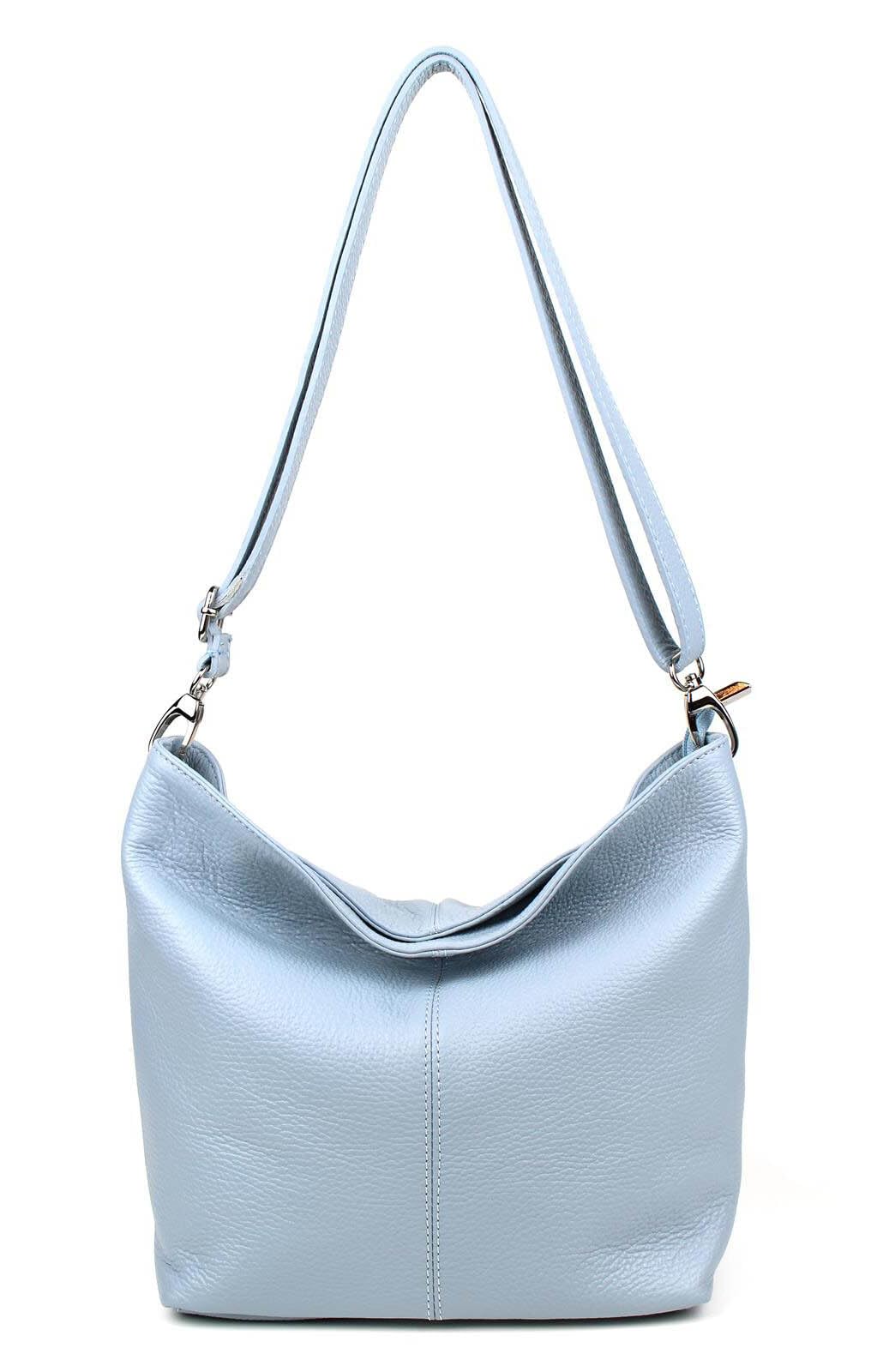 Made in Italy Damen Leder Tasche Umhängetasche Shopper Cross Over Body Bag Handtasche Ledertasche Schultertasche Hobo Bag Hellblau