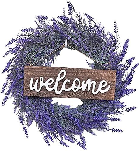 Corona de lavanda con letrero de bienvenida para puerta delantera, corona floral, guirnalda de bienvenida para decoración de bodas y fiestas