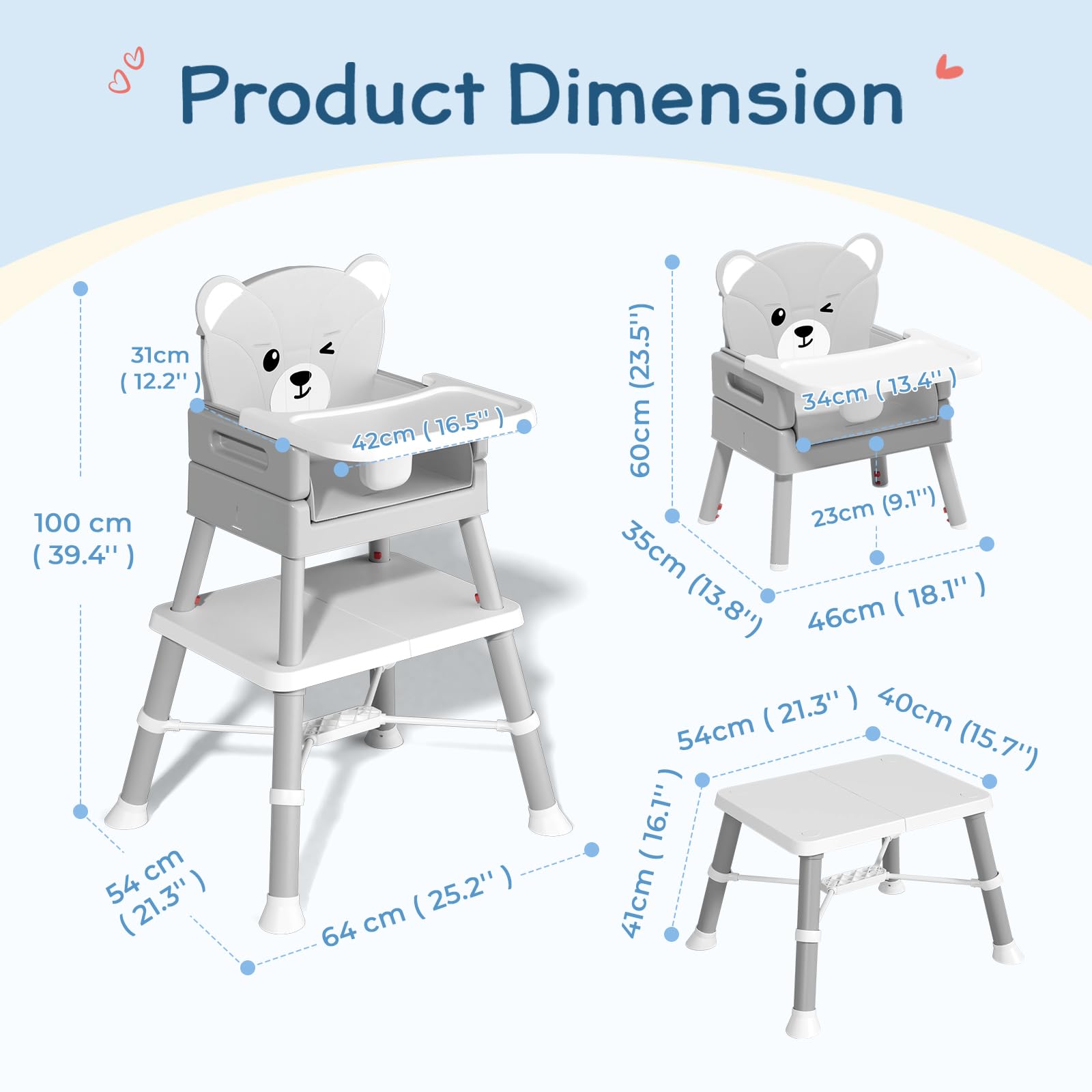 COOSEYA Chaise Haute Bébé, Chaise Haute 6 en 1 avec Coussin en Forme d'Ourson et Facile à Nettoyer, Plateau Amovible et Harnais 5 Points pour Bébé de 6 Mois à 3 Ans, Gris