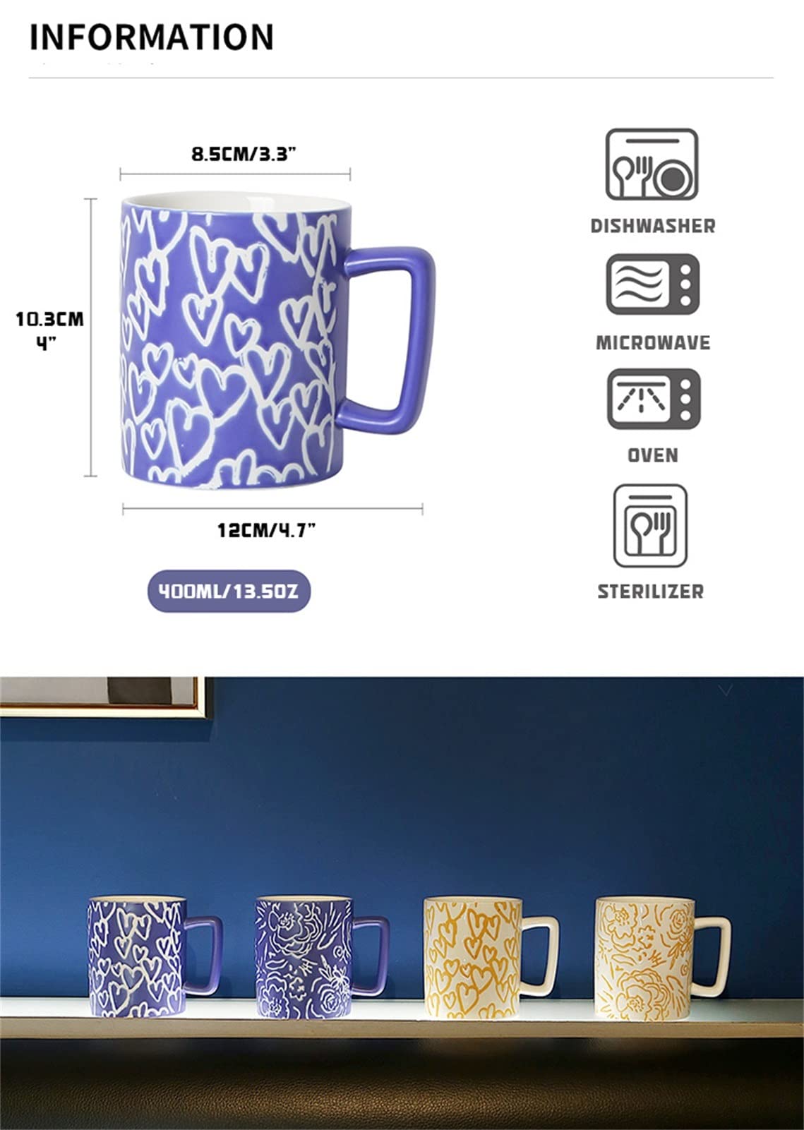 Duży kubek herbaty do biura i domu, ceramiczny kubek biurowy do kawy Kubek do picia w domu Dziewczyny, wzór kwiatowy/serce - fioletowy/pomarańczowy (Color : Orange-B)
