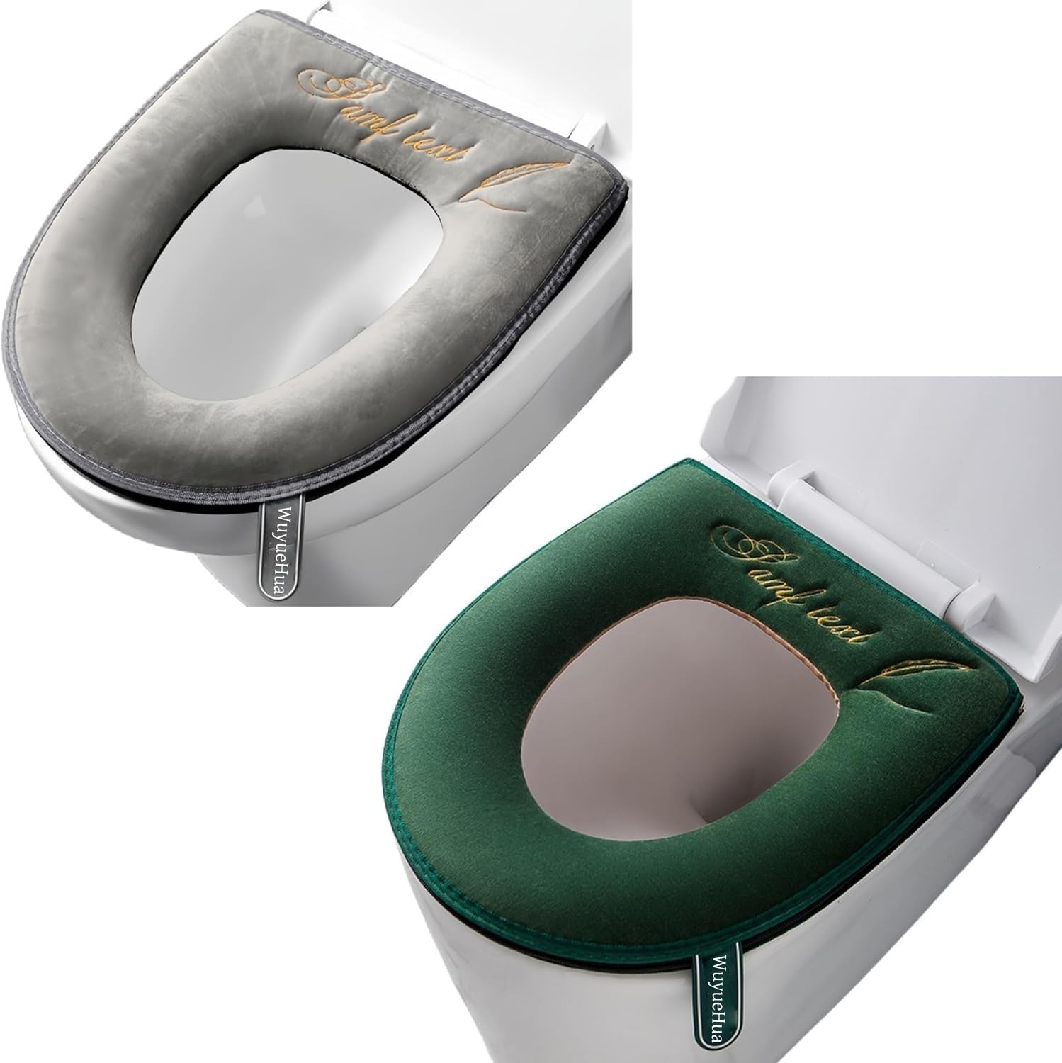 Wuyue Hua Grey+Green 2 Pieces Bathroom Soft Toilet Seat Cover Pad With Handle Toilet Lid Cover Cushion Soft Thicker Washable Fits All Oval Toilet Seats (, Zipper)