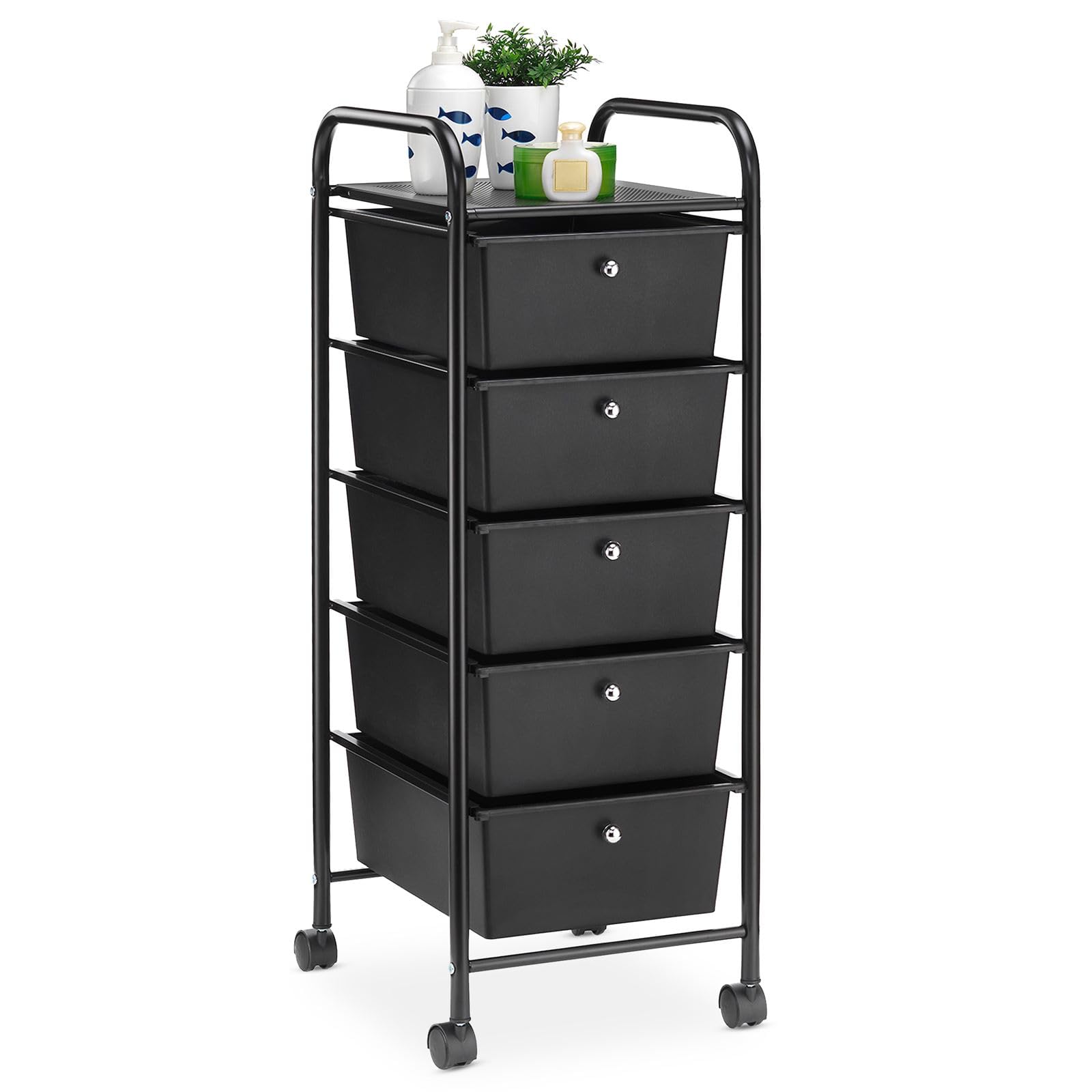 IDIMEX Rollcontainer GINA, schwarz - Rollwagen mit 5 Schubladen, lackiertes Metallgestell auf Rollen, Friseurwagen, Badezimmerschrank, Kosmetik Aufbewahrung