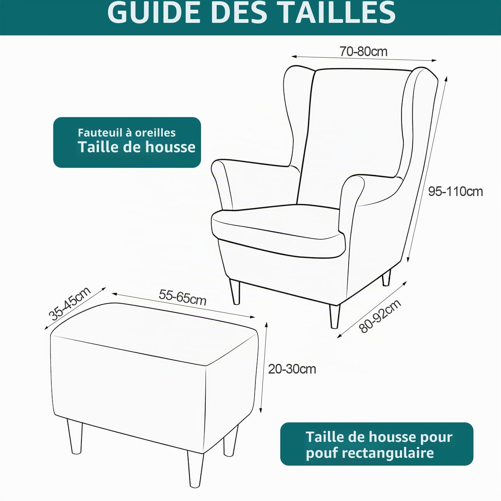 Alishomtll Lot de 3 housses de fauteuil à oreilles avec ottomane - En velours extensible - Couleur unie - Housse de chaise avec accoudoirs - Dossier haut - Turquoise