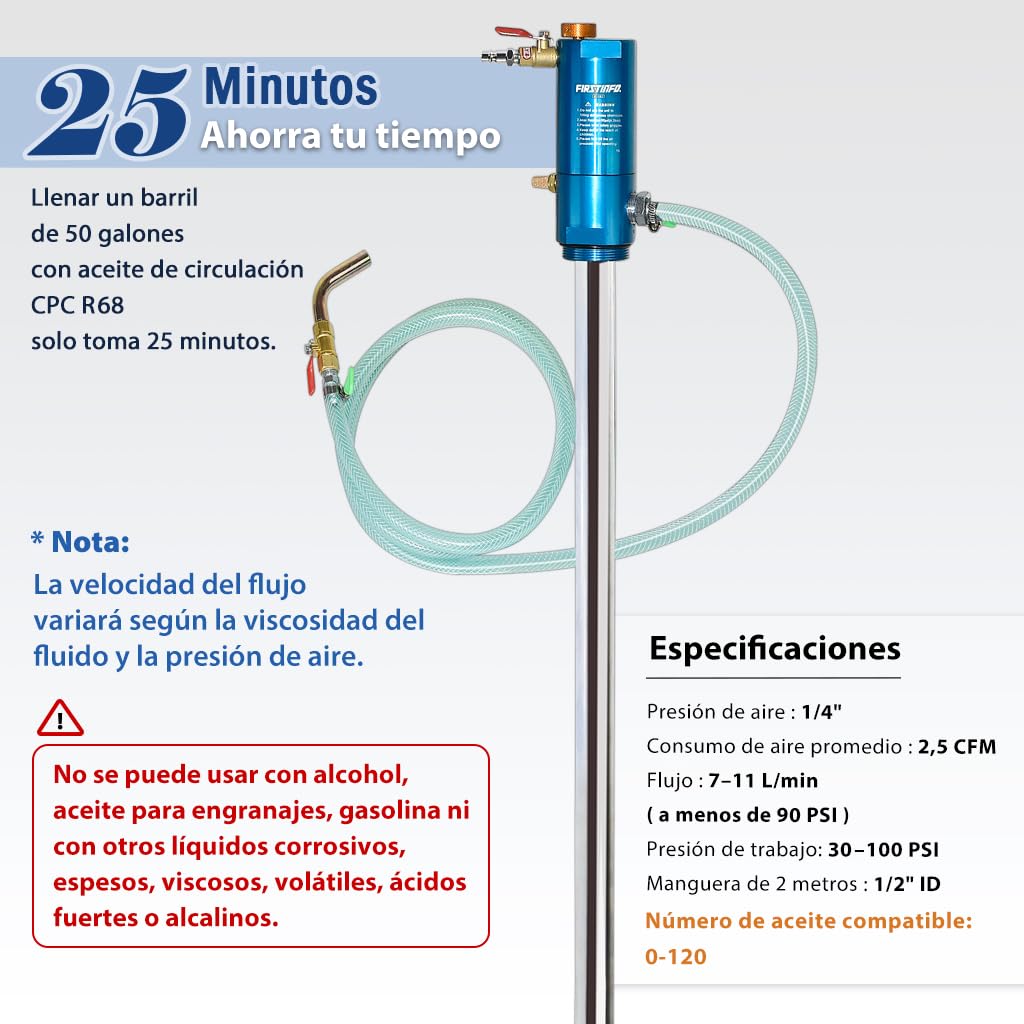 FIRSTINFO Bomba Neumática para Bidón 200L, Sistema 1:1 para Aceites de Alta Viscosidad, Distribuidor para Depósitos Abiertos, Compatible con Aceite de Motor y Transmisión, A1182EU