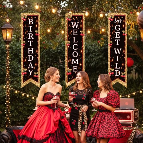 Image of Chiisong 3 Pcs Cheetah Print Birthday Party Decorations Cherry Leopard Print Banners Red and Black Cherry Wild Porch Signs Welcome Flags Photo Props Backdrop for Girls Women Night Outdoor Yard