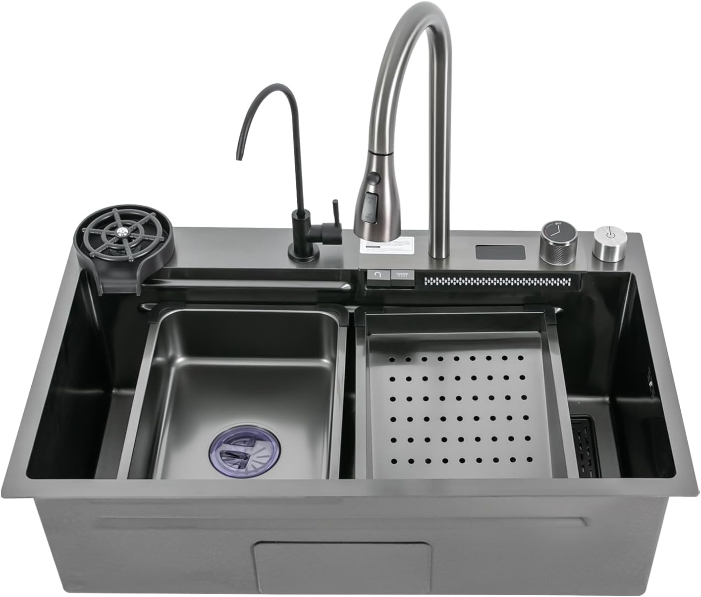 Drop In Kitchen Sink, Black Kitchen Sinks Workstation Undermount Kitchens Sink Stainless Steel Drop In Single Bowl Bar Sinks with Digital Pull-out Faucet&Cutting Board(29.5 * 18.1 * 7.9In)