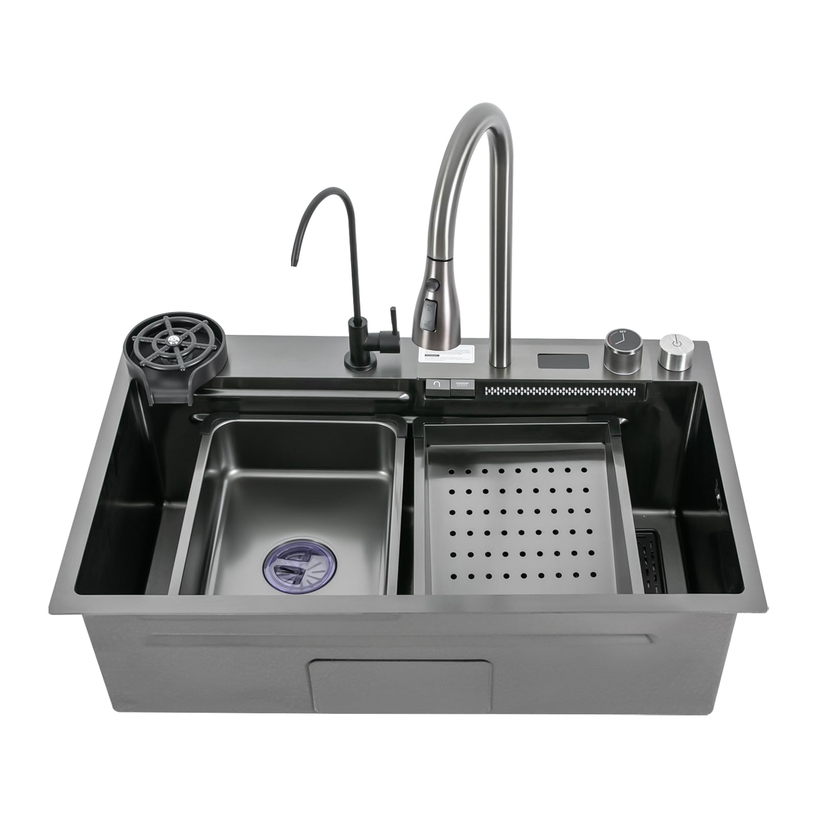 Fregadero de cocina con cascada, acero inoxidable con indicador de temperatura, grifo extensible, sifón, rebosadero y desagüe, moderno fregadero empotrable para cocina