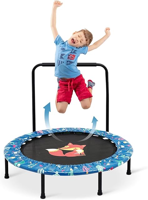 38'' Kids Trampoline Mini Foldable Fitness Trampoline Cover with Adjustable Handrail and Safety Padded Indoor/Outdoor Use