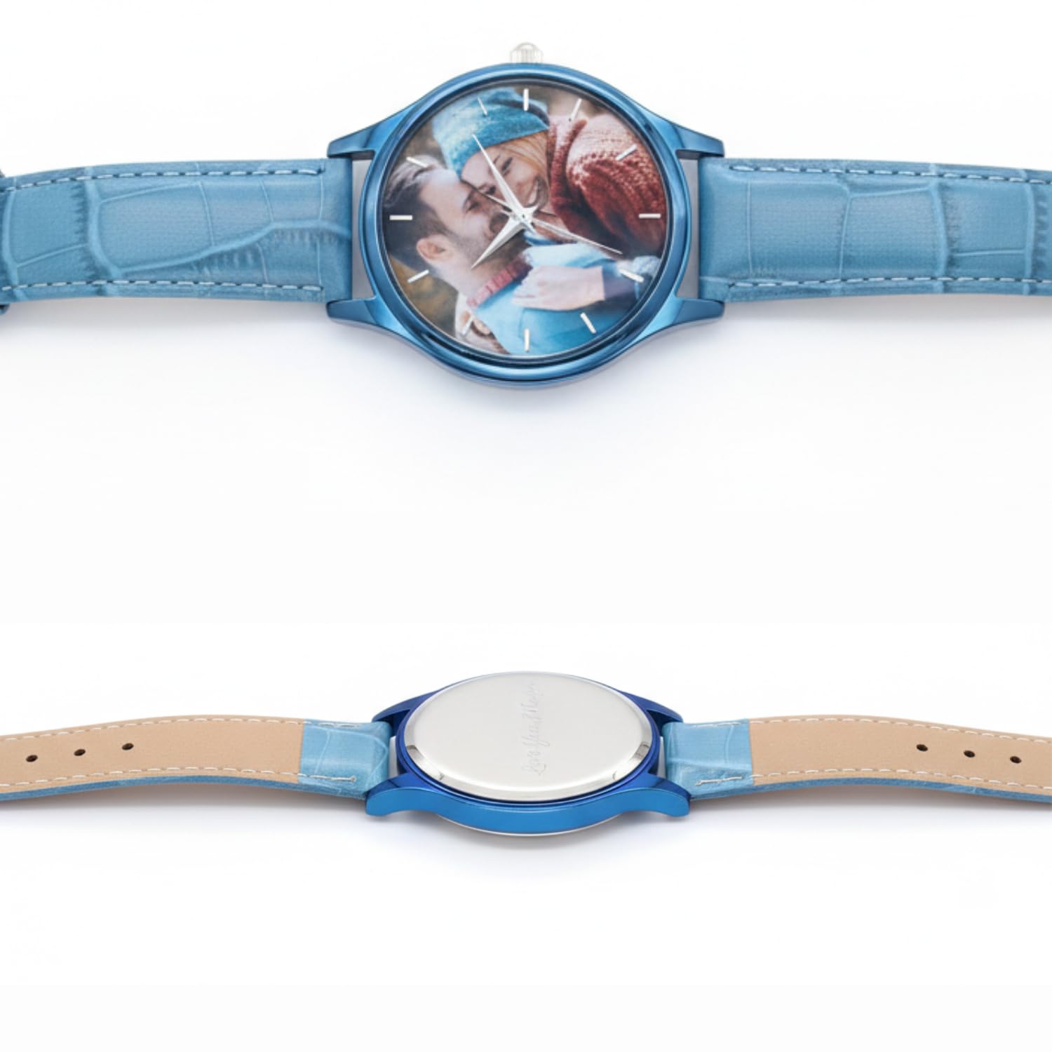 Orologio fotografico personalizzato, il retro del quadrante può essere inciso con parole. Realizzato in lega e cinturino in pelle. Resistente all'acqua. Adatto come regalo per papà, fidanzato o come