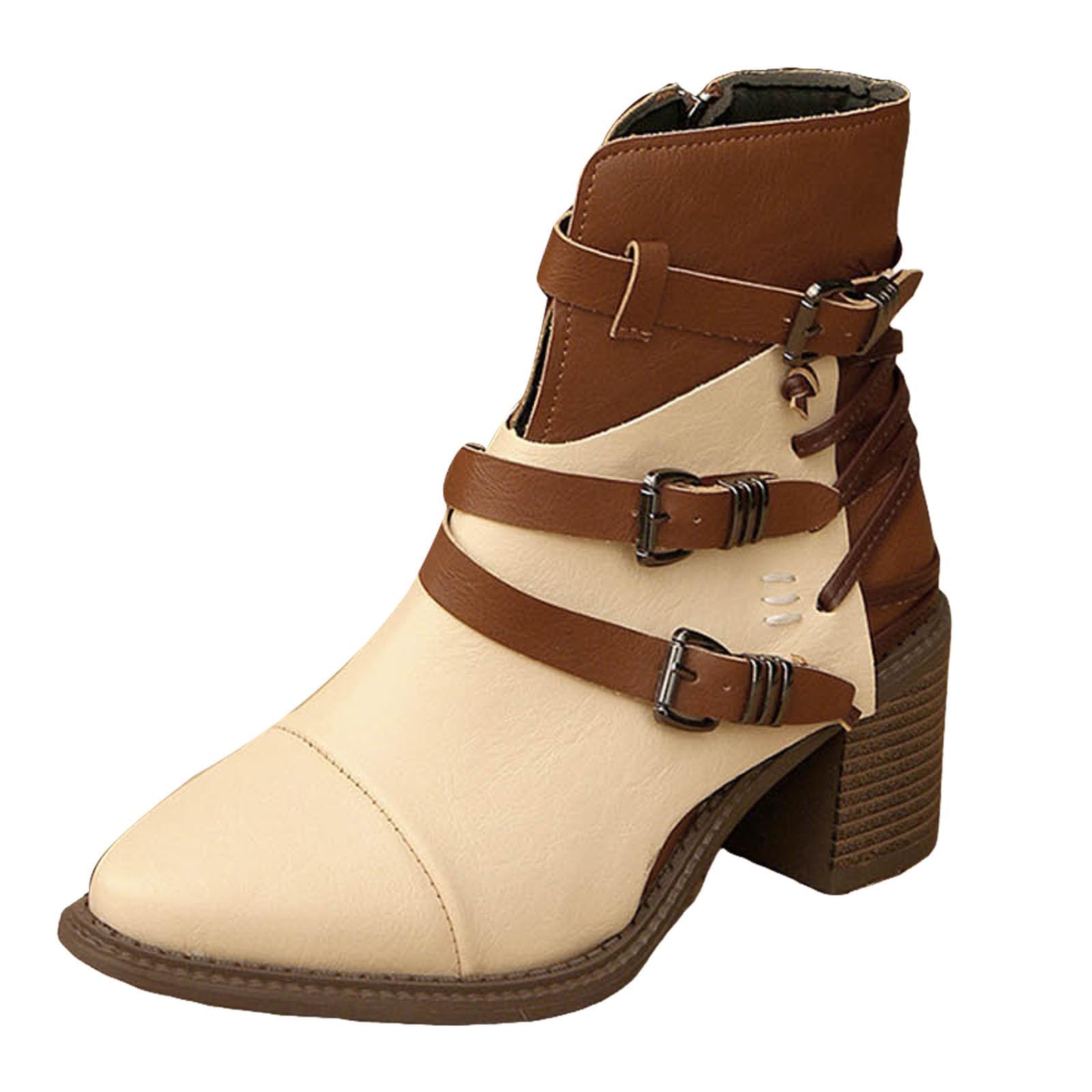 Womens Buckle Decoration Chunky Heel Retro Ankle Boots With Zipper Classic Pointed Stacked Heel Non-Slip Biker Boots For