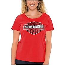 女式酒吧和盾牌徽标勺颈短袖 T 恤 - 红色