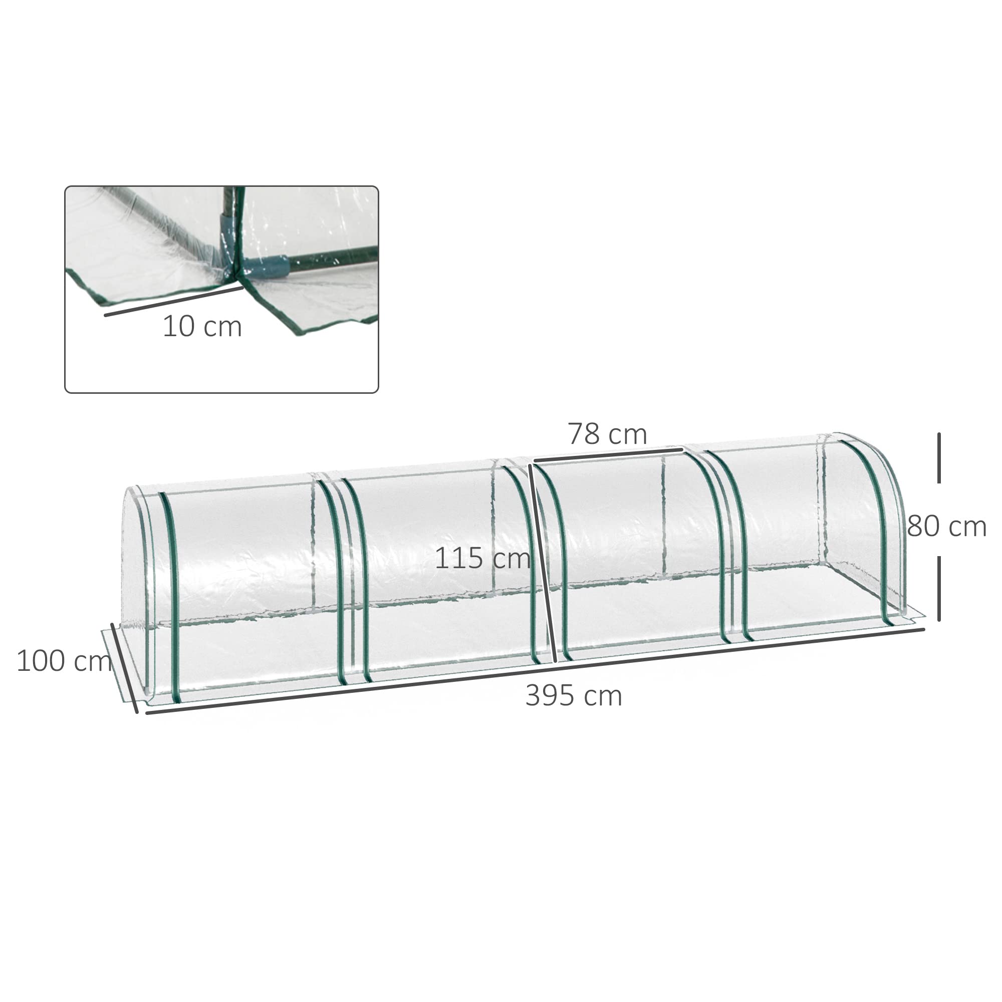 Outsunny Mini Serre de Jardin, Mini Serre Tunnel, Serre à Tomates 3,95L x 1l x 0,8H m, Acier, PVC Haute Densité Anti-UV, 4 Fenêtres avec Zip Enroulables, Vert et Transparent