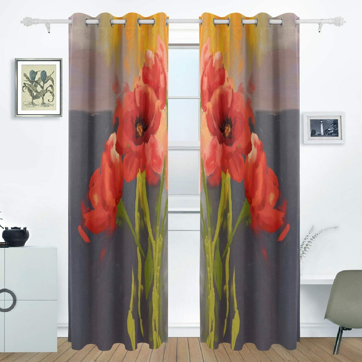 MONTOJ Vorhänge mit rötlichem Geranien-Muster, Verdunkelung, thermisch isoliert, mit Ösen, für Schlafzimmer (2 Stoffbahn, B 107 x L 160 cm)