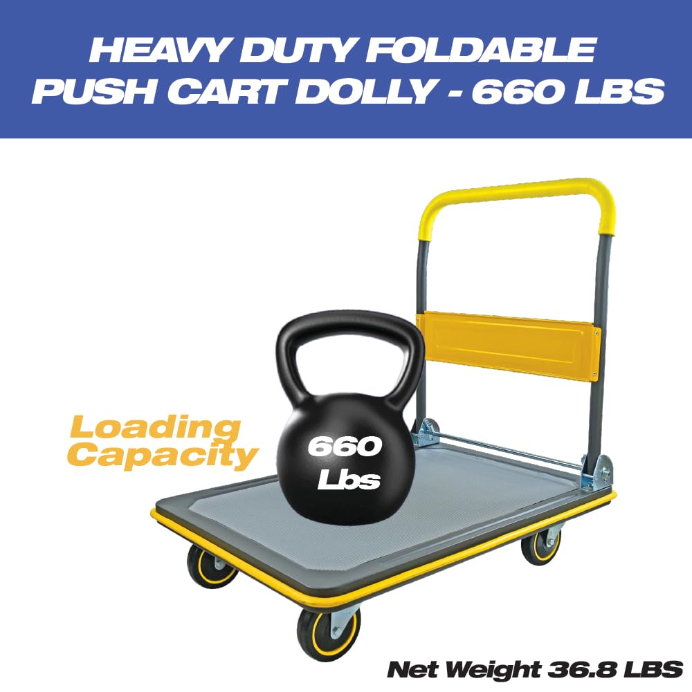 LAUCO Heavy Duty Foldable Push Cart Dolly, Flat Bed Cart, Push Dolly, Platform Cart w/Wheels, Moving Platform Hand Truck, Foldable for Easy Storage and 360 Degree Swivel Wheels, Flat Carts (660 Lbs)