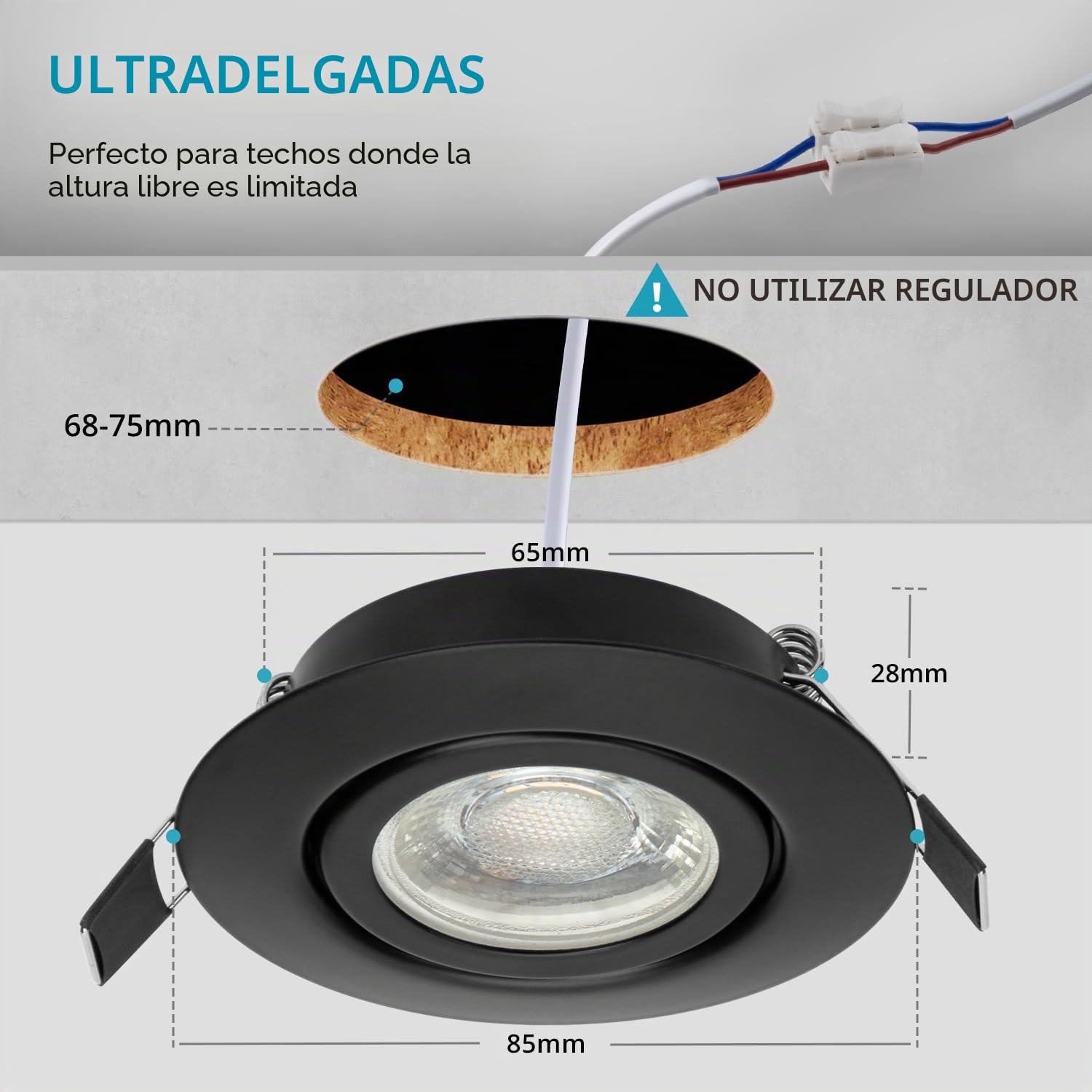 wowatt 7W Downlight LED Empotrable Techo Negro Regulable IP44 Blanco Frío | 6000K 700LM 230V Foco Empotrable Rotable, Corte 68-75mm, Metal Ojo de Buey LED Extraplano Redondo, para Baño Cocina, 5 piezas