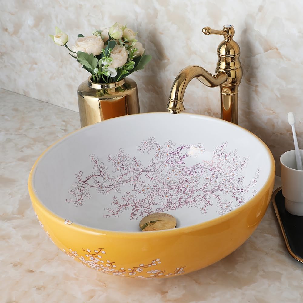 OUBONI Bathroom Vessel Sinks Gold Color Vessel Sink Round Ceramic ...