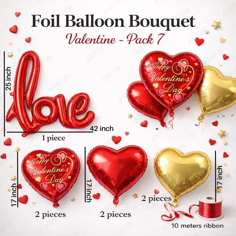 Image of AMFIN (Pack of 7) Happy Valentine Day Foil Balloon Bouquet Love Cursive Heart Romantic Decoration Item - Red Gold