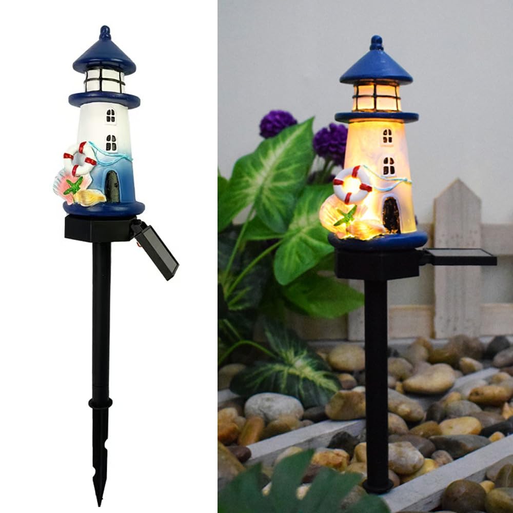 Luci solari blu e bianche del faro, lampada da terra carina della casa della decorazione del giardino e del cortile della resina, Luci LED senza fili da crepuscolo a alba impermeabili.