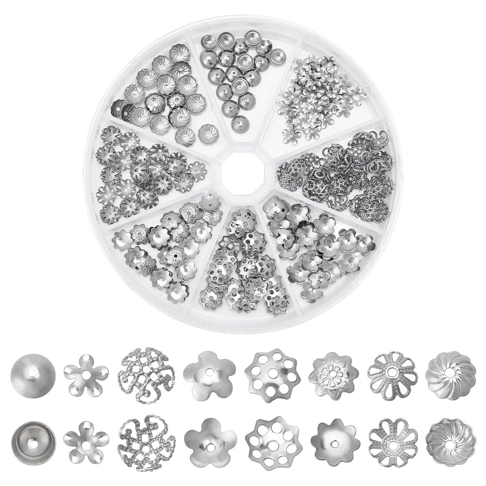 PH PandaHall 240 pcs 304 Stainless Steel Bead Caps, 8 Styles Flower Bead Caps Round Flower Cup Shape Bead Loose Spacer Beads Caps for Earring Bracelet Necklace DIY Crafts Jewellery Making