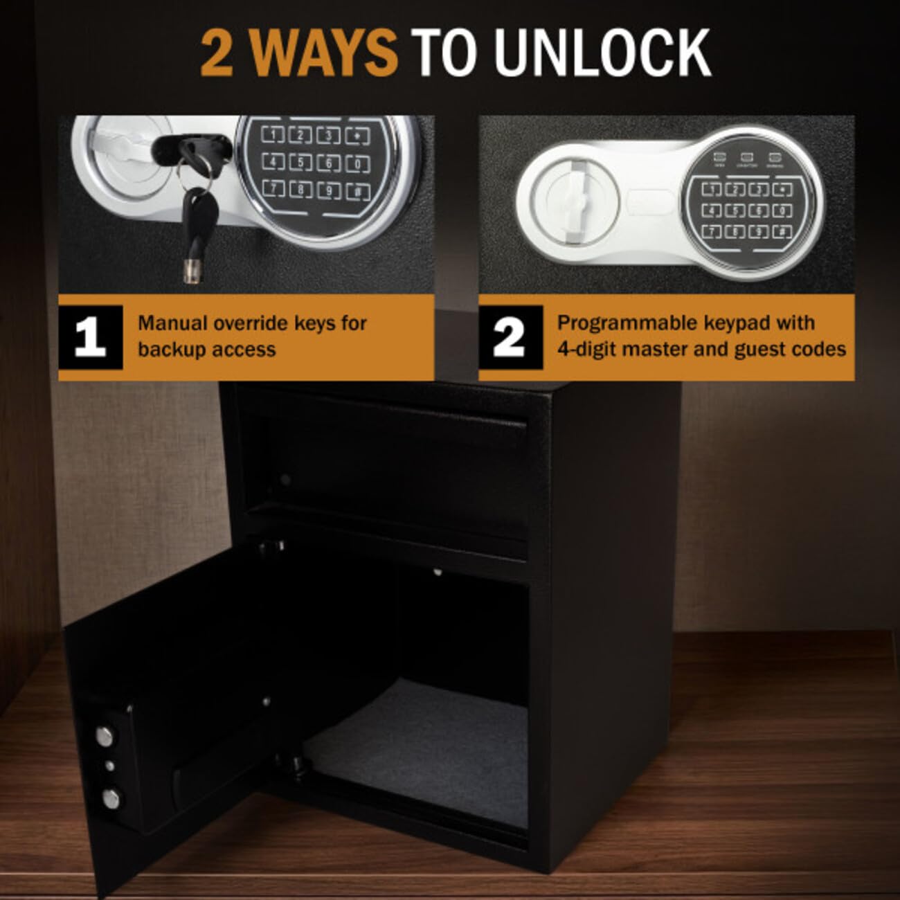 Stalwart - Caja de seguridad electrónica, caja fuerte con teclado digital y 2 llaves de anulación manuales para negocios o seguridad en el hogar (negro)