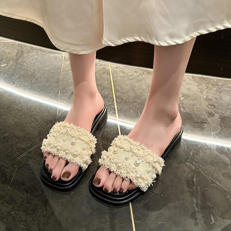 HBJWOV Slippers for Women Wearing Pearl Flat Bottomed Beach Sandals2