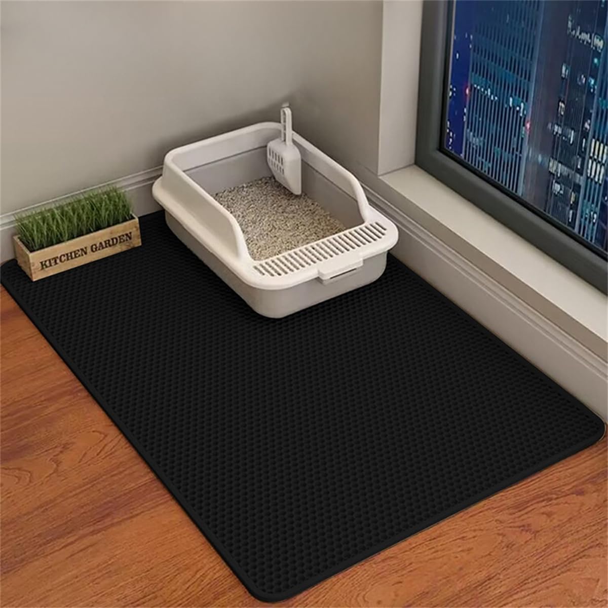 Xisnuient Honeycomb Cat Litter Mat, Two Layer Trapping Kitty Mats, Scatter Control, Soft on Paws, Indoor Box Supplies and Essentials,Easier Washable (30x45cm,Black)