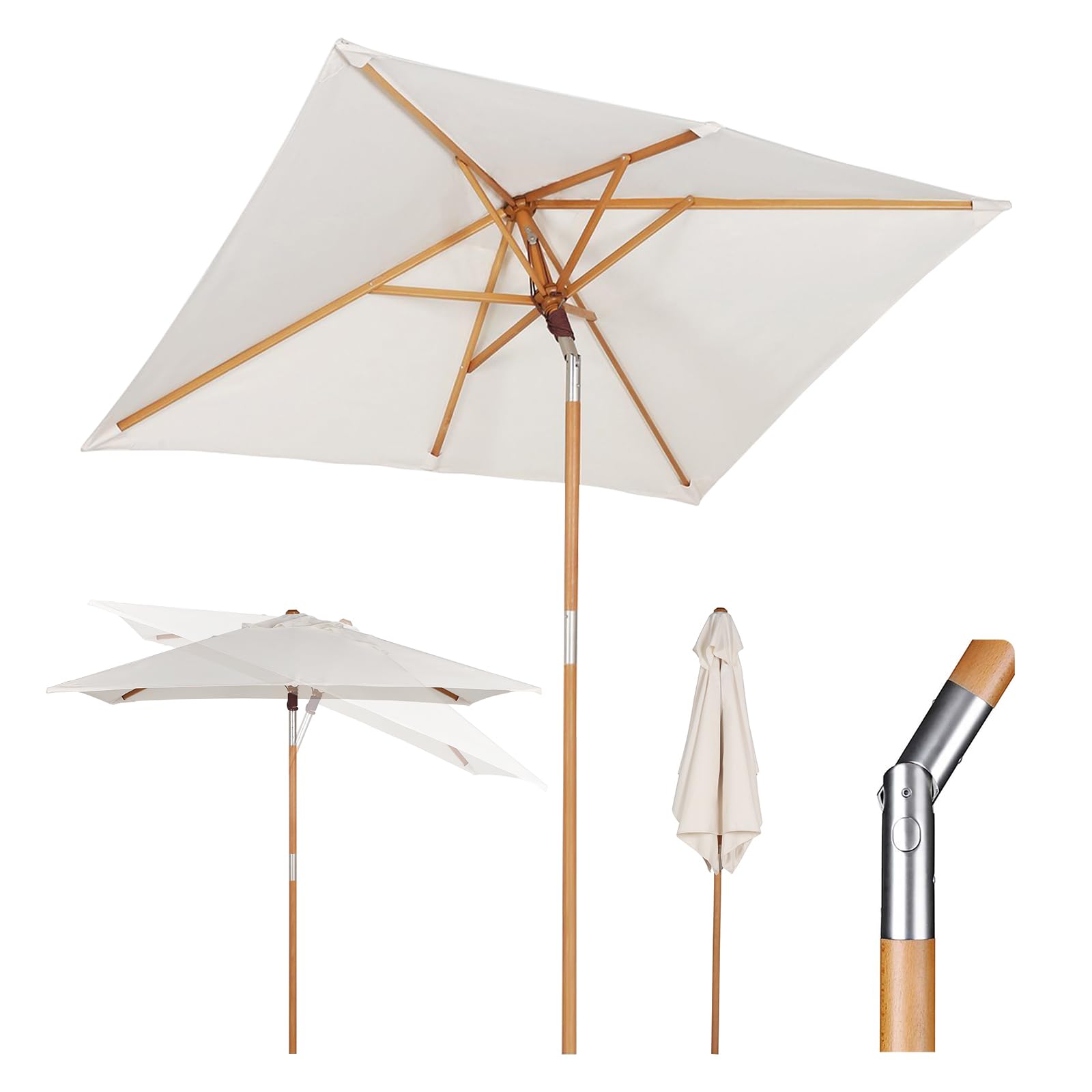 Sekey® sombrilla parasol de madera para terraza jardín playa piscina patio 200 × 150 cm Crudo/Crema rectángulo protector solar UV50+