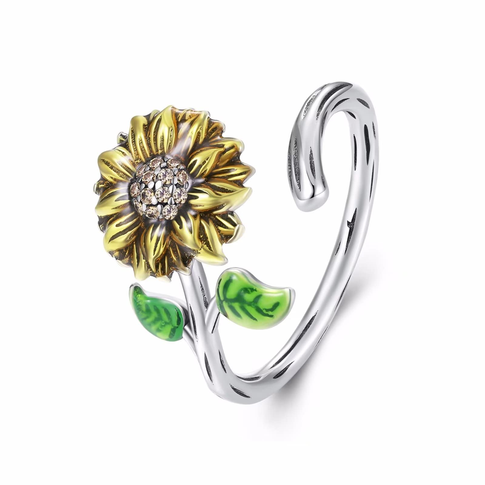Qings Anillo Girasol Ajustable para Mujer, Plata de Ley 925 Flores Abierto Anillos Regalos de Cumpleaños para Niñas Adolescentes