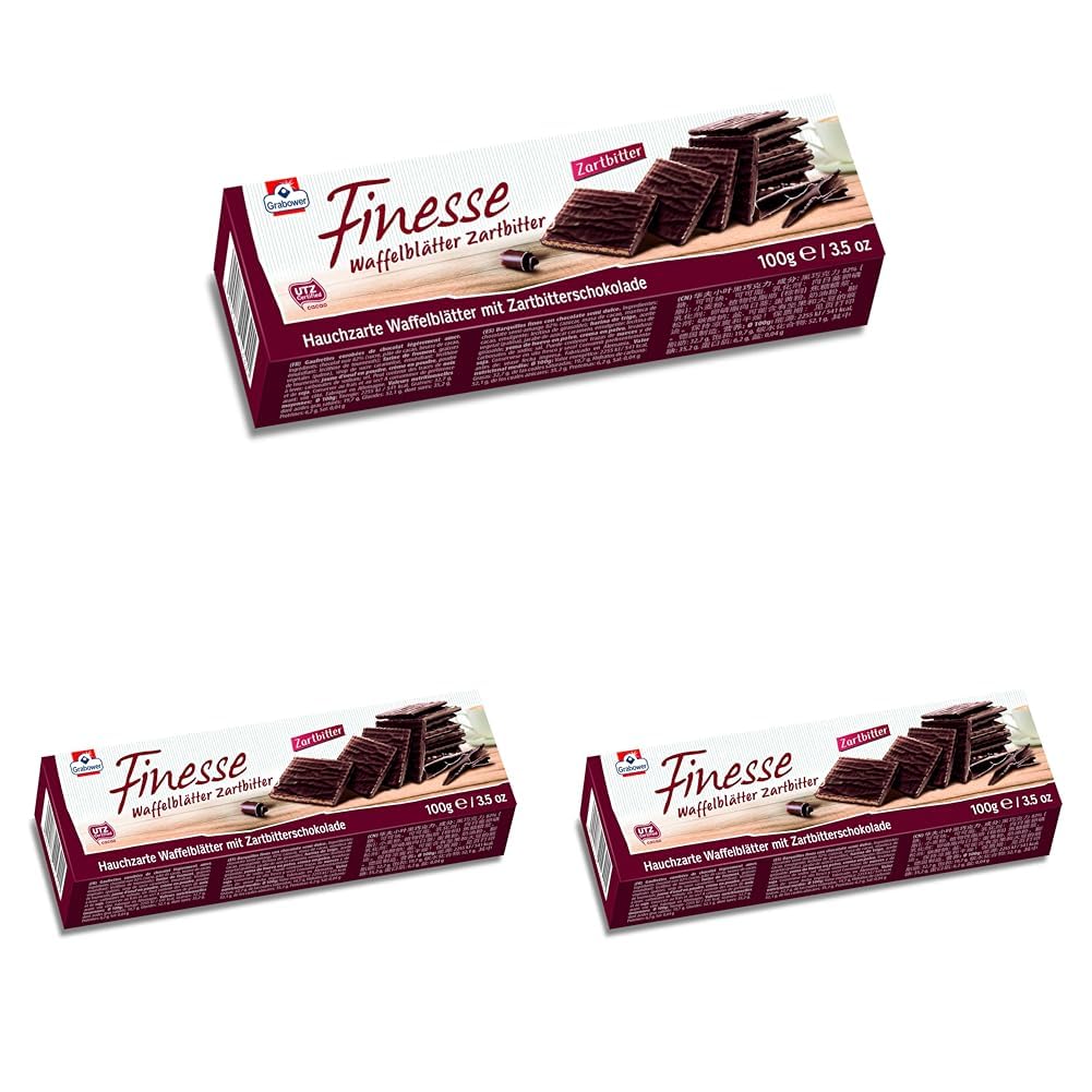 Grabower Finesse Waffelblätter Zartbitter – Knusprige Waffeln mit Schokolade, 100 g (Packung mit 3)