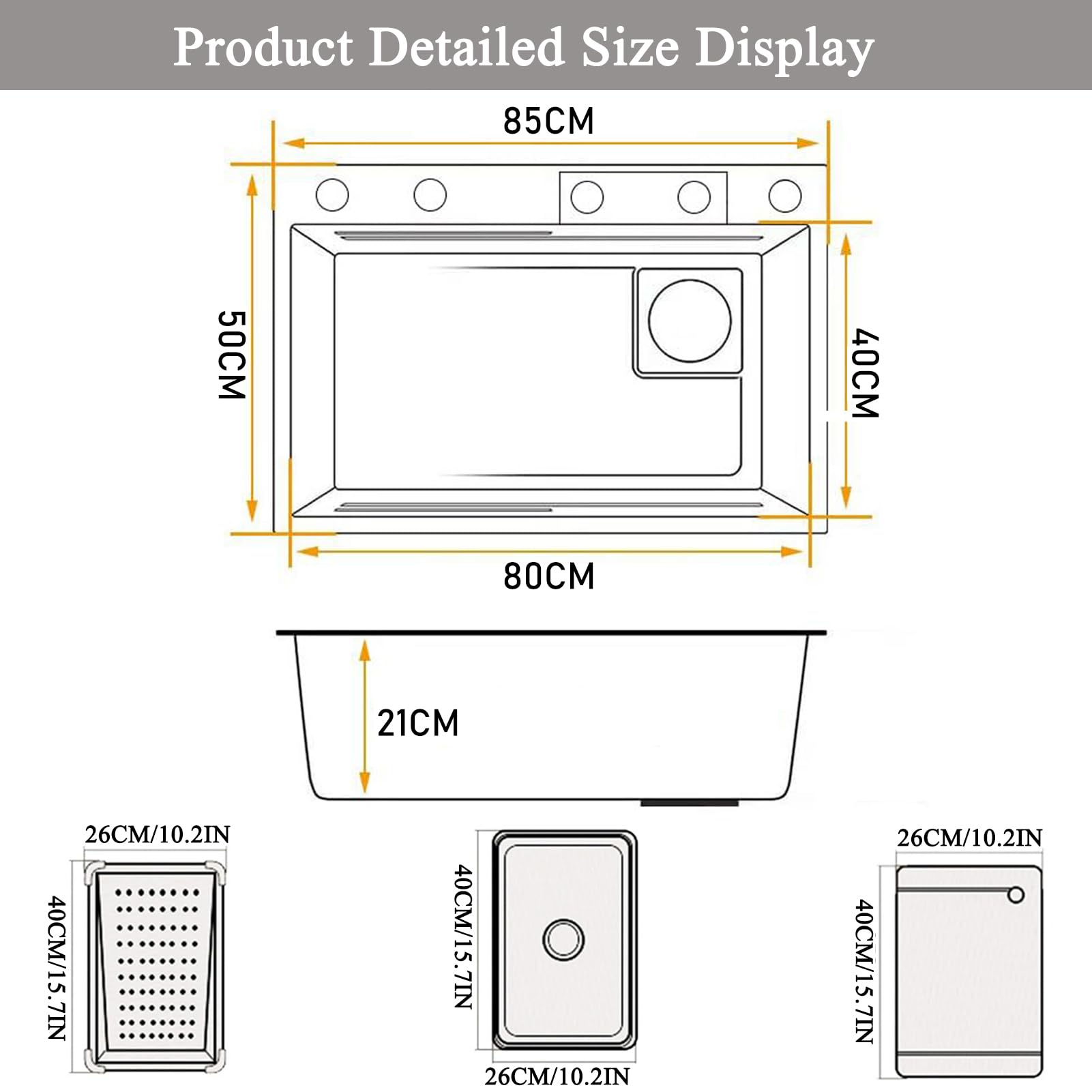 Fregadero de cocina de 85 x 50 cm, de montaje superior, de acero inoxidable, con lavabo individual, multifuncional, con grifo extraíble y accesorios completos