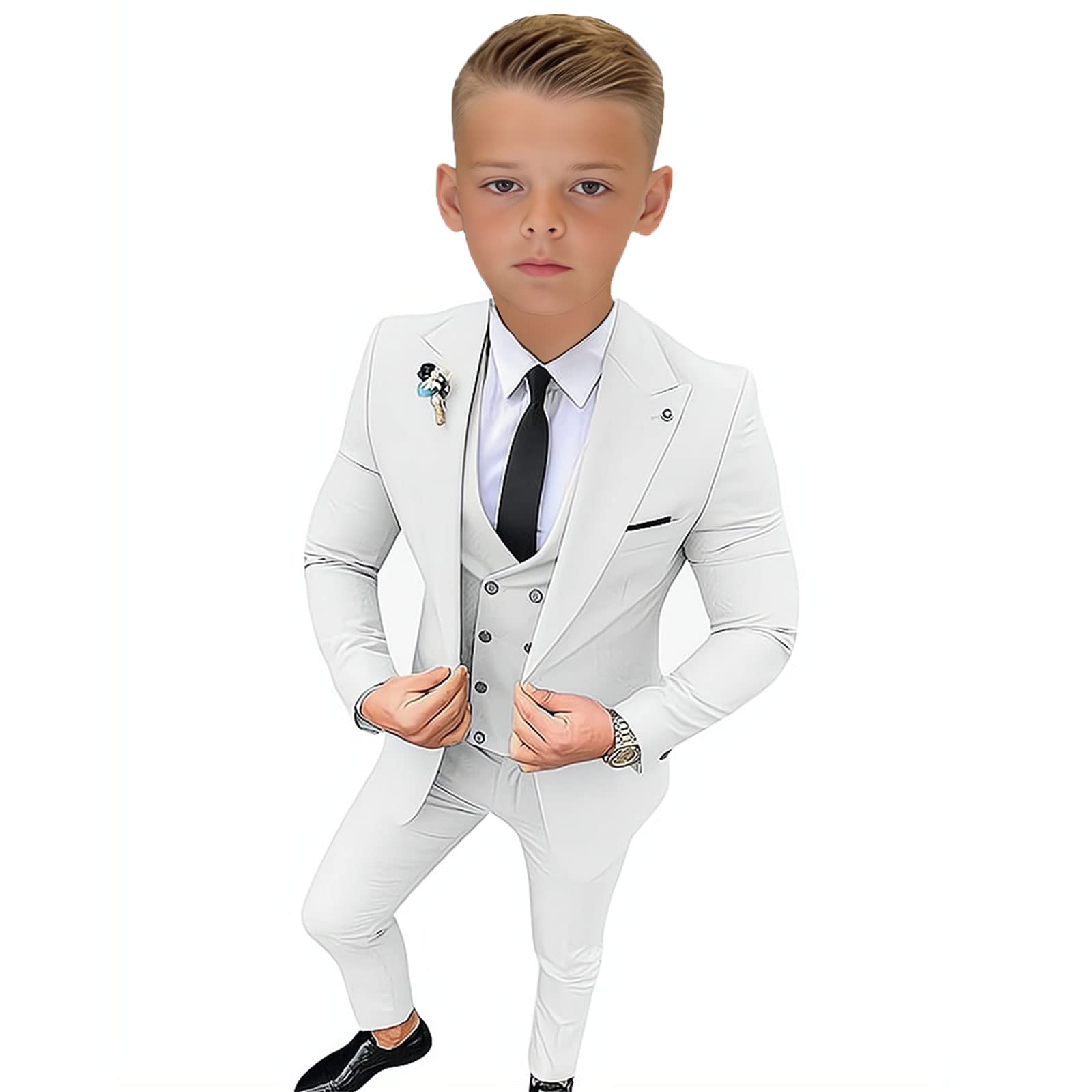 optkeat Boys Tuxedo Slim Fit Suit 3 Piece Peaked Lapel Kids Tuxedo Boys Formal Suit Jacket Vest Pants