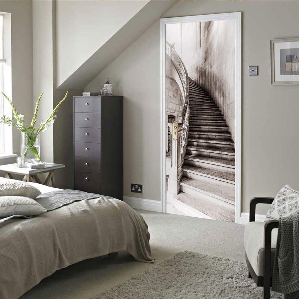 3D Door Stickers Murals Peel and Stick - Old Stairs - Door Wallpaper Self-Adhesive Door Decals Removable PVC Waterproof Door Poster for Bedroom Living Room Door Wall Decoration 31.5 x 78.7 inch