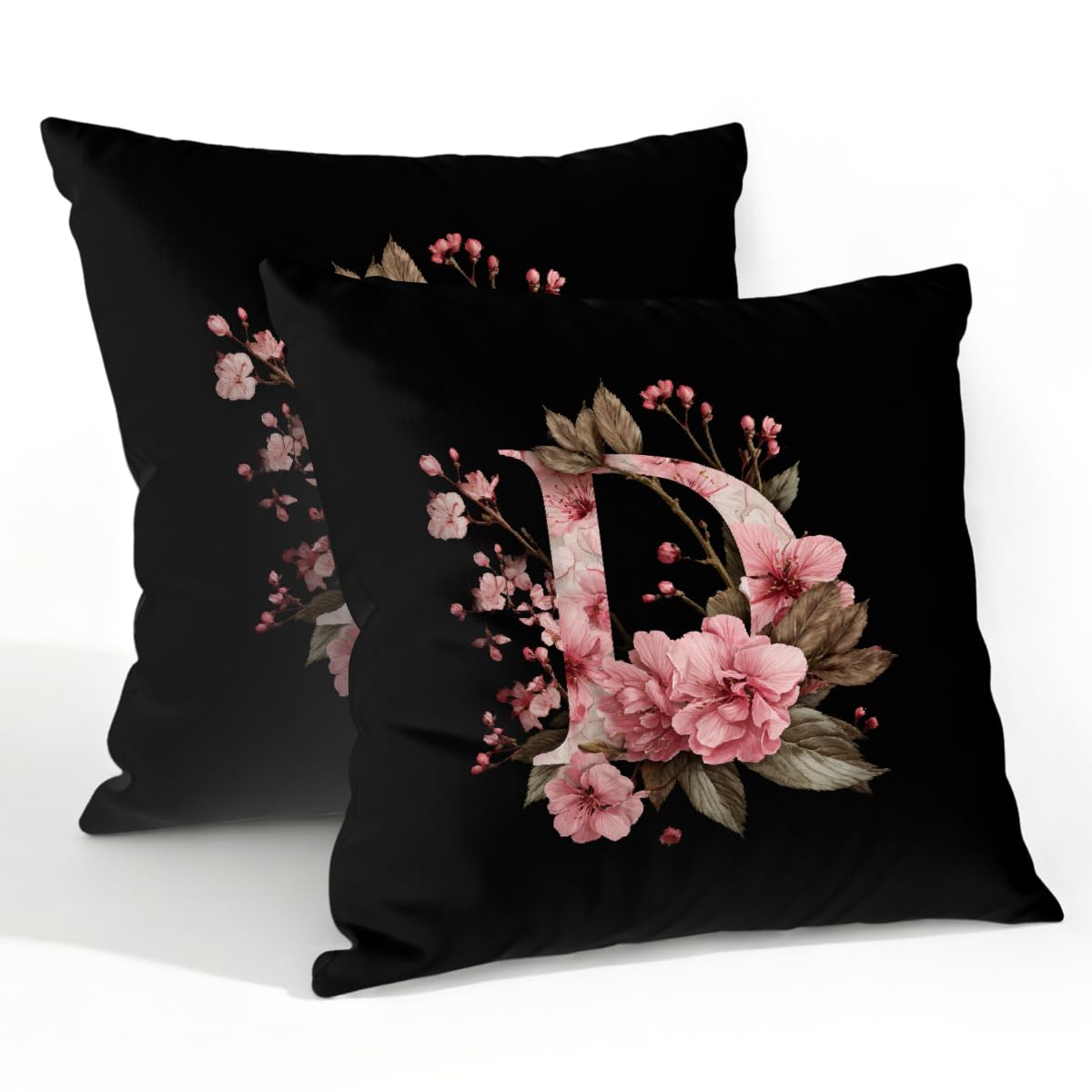 Outdoor Pillow Covers Waterproof Pillowcases 22x22in Set of 2 Pink Floral Alphabet D Decorative Throw Cushion Case for Couch Sofa Garden Patio Furniture