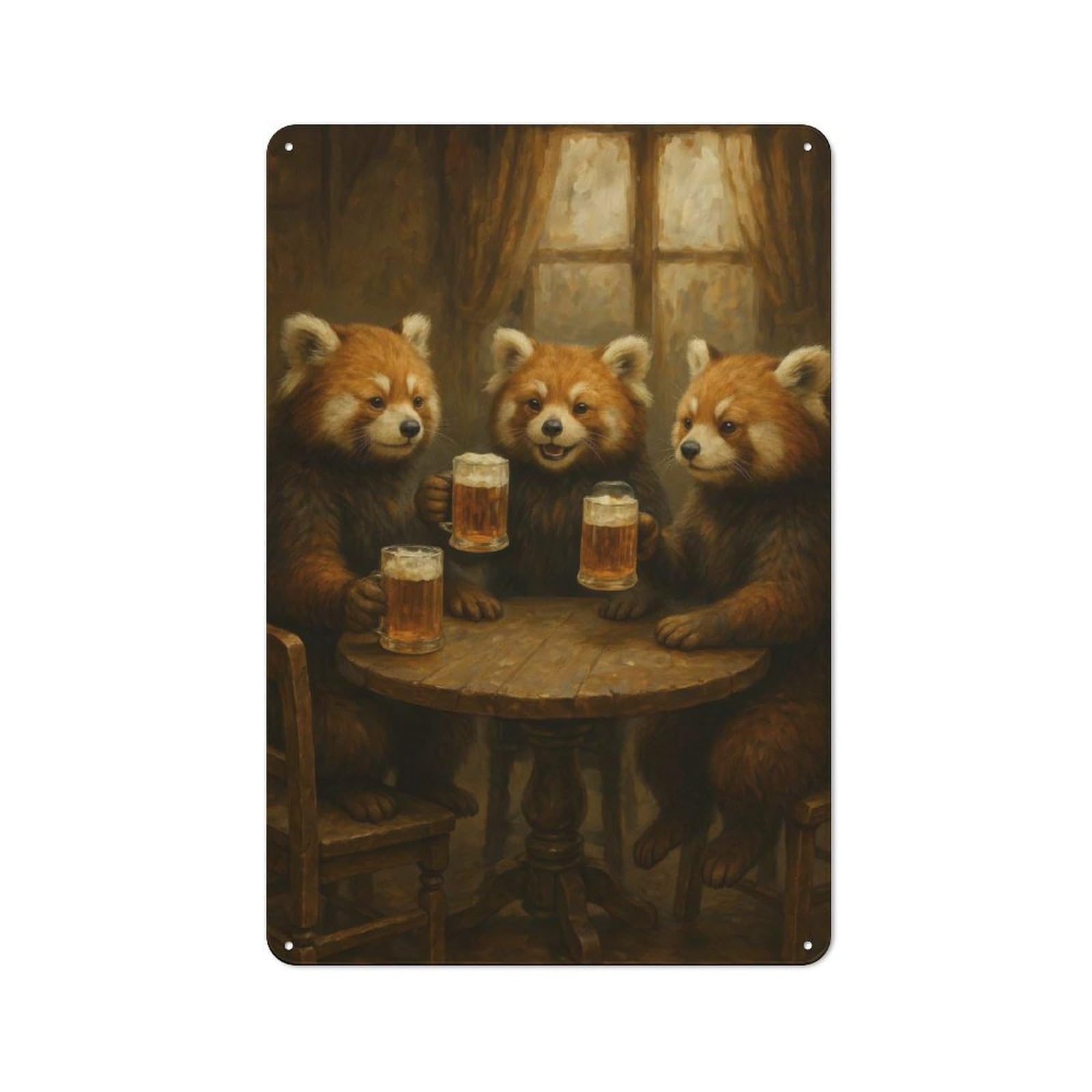 Junmoney Red Pandas Drinking Beer At Pub Vintage Tin Sign 30X20cm, Nostalgic Retro Room Decor For Bedroom, Office, Home Bar Or Dining Room
