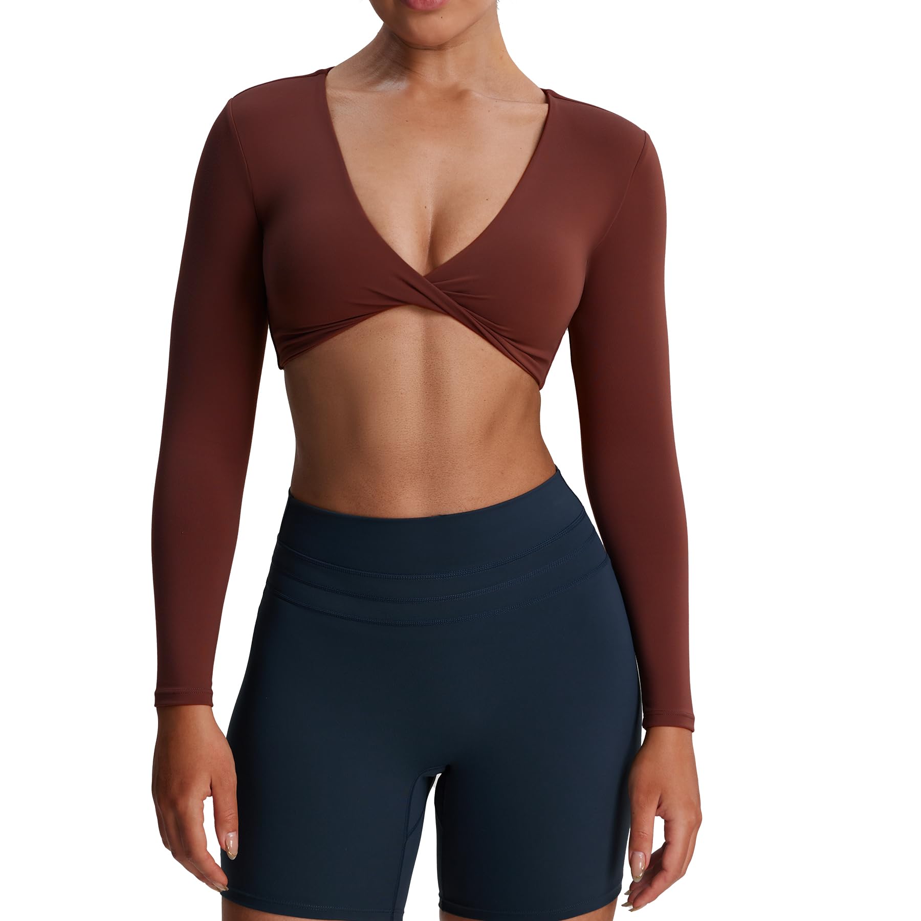 Aoxjox Long Sleeve Crop Tops for Women Sienna Twist Deep V Workout Cropped T Shirt Top