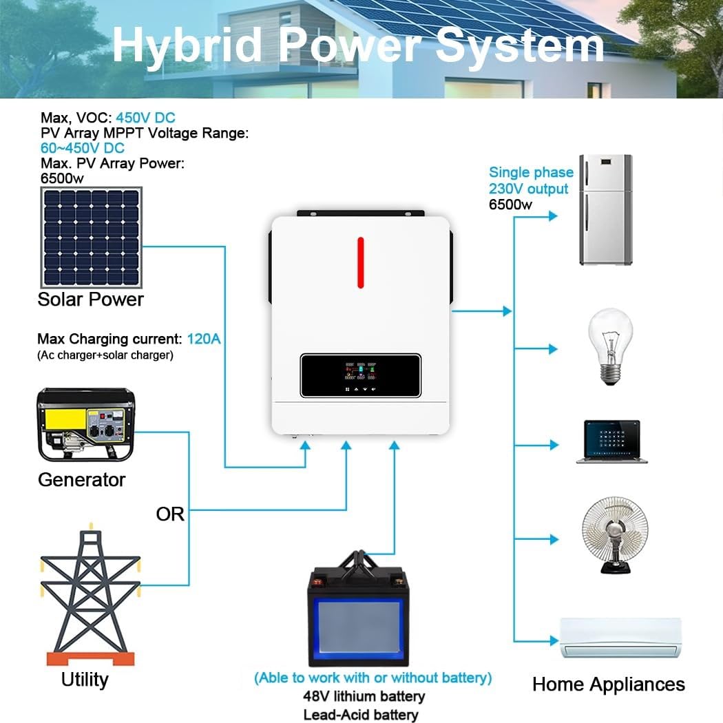 Aetherion Onduleur solaire hybride de 6,2 kW, onduleur à onde sinusoïdale pure, pour connexion au réseau et hors réseau, avec sortie de 48 V CC à 220 V CA, pour sauvegarde domestique et systèmes hors