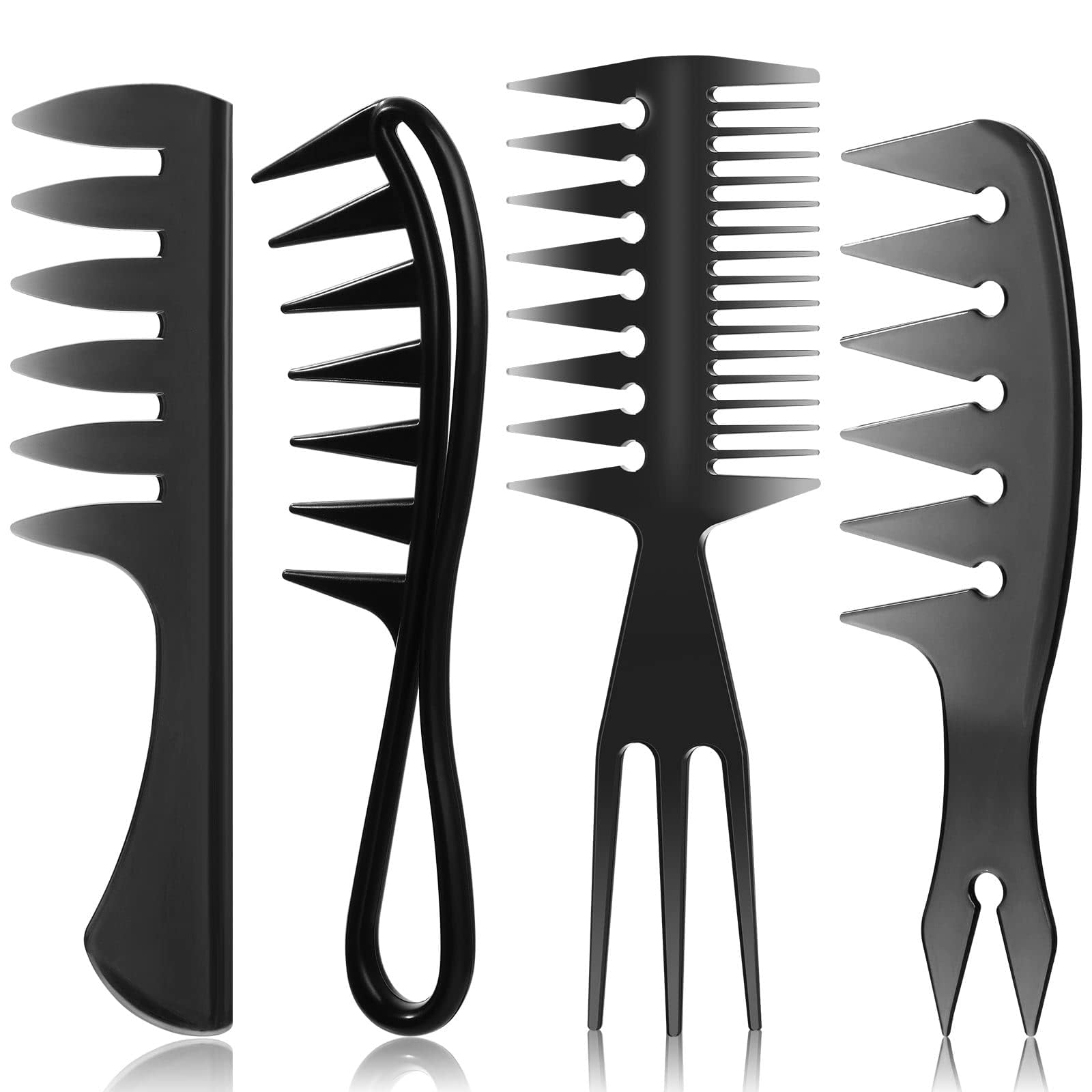 4 Pcs Hair Comb Styling Set Double Side Tail Combs with Pick Barber Wide Tooth Comb for Men Women Beard Hairstylist Tools, Black, 4 Styles