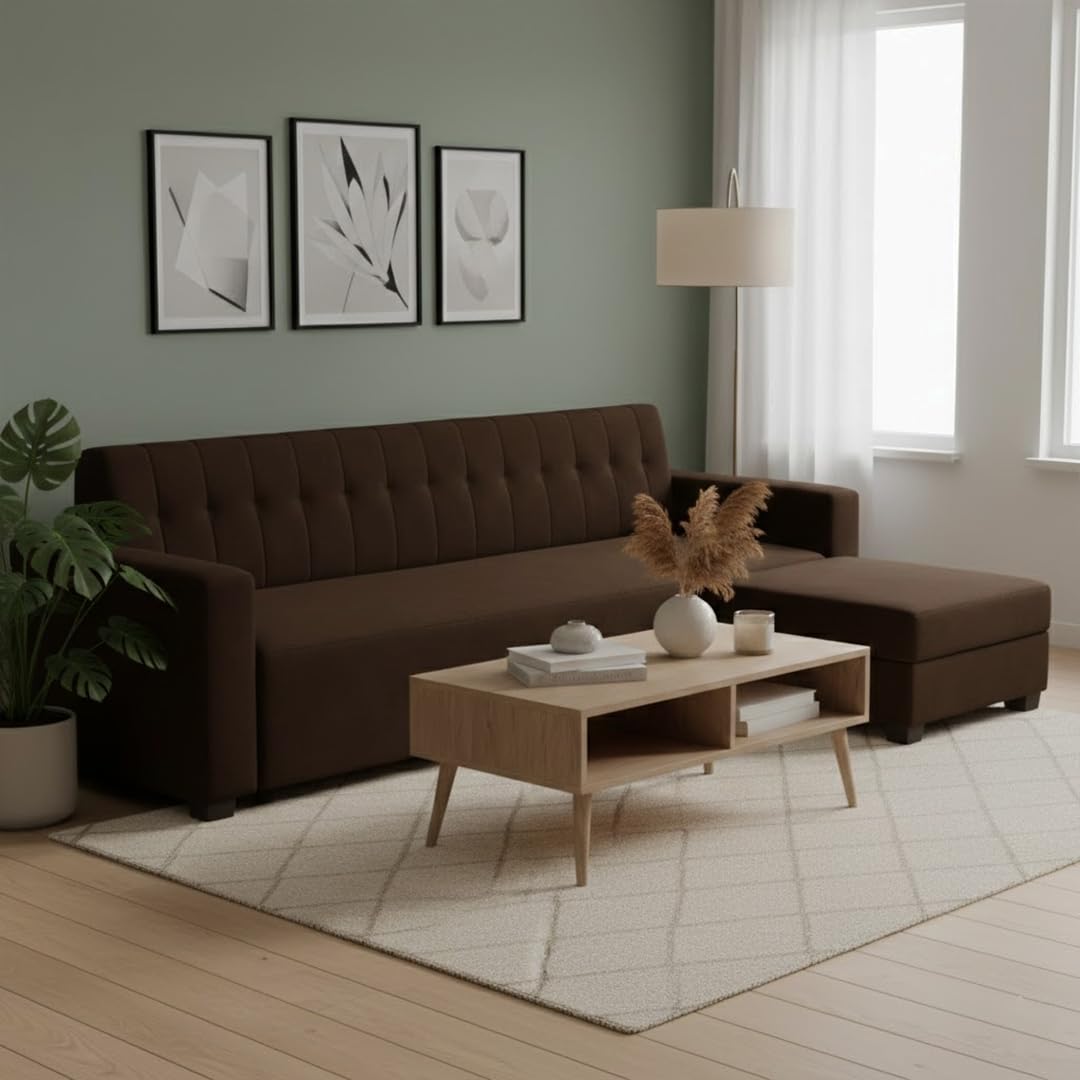 FURNY Luxora 3 Seater Fabric Sofa Set with 1 Ottoman (Dark Brown) with Velvet Finish | Durable Comfort | Ideal for Living Room.-image-20