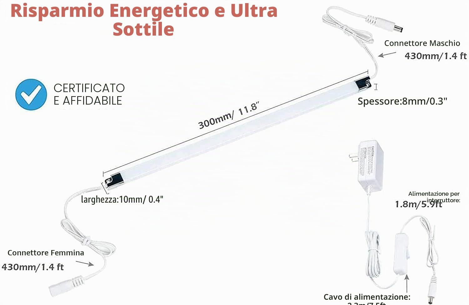 Cefrank Kit di 6 barre luminose collegabili, strisce LED sotto mobili illuminanti, 300 mm x 6, con interruttore (bianco caldo, 3000K)