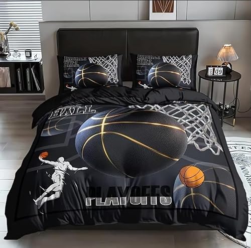 掛け布団カバー クイーン バスケットボール 全開ファスナー 抗菌防臭 防ダニ 通気性 洗い替え速乾 ポリエステル 布団カバー (210x210cm) + 2 枕カバー(43x63cm)