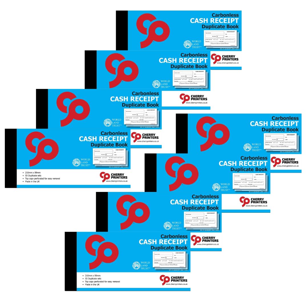 Cherry Printers | Carbonless Cash Receipt Book | Duplicate Book | 2 Part | 210 x 99mm | 50 Sets | NCR Receipt Pad with Perforated Pages | Business Accounting Receipt Book | Made in the UK **8 Pack**