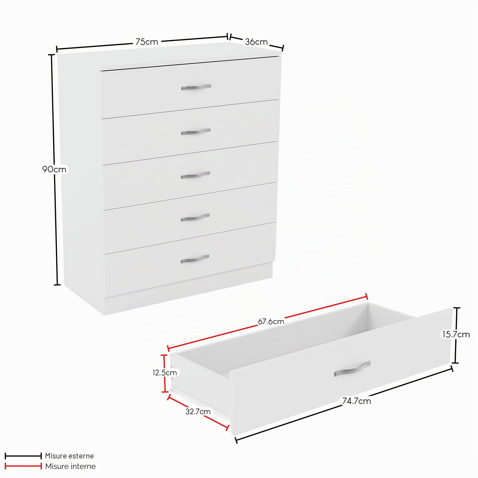 Home Discount Bianco cassettiera, 5 cassetti con Maniglie in Metallo e corridori, Sistema Unico con Guide, Camera da Letto Riano Storage Furniture