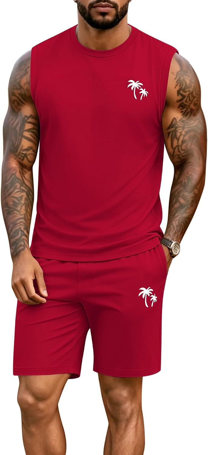 LecGee Mens' 2 Piece Tank Top Set Summer Hawaii Sleeveless Palm Tree Print Shirts Simple Shorts Workout Outfit Daily Tee