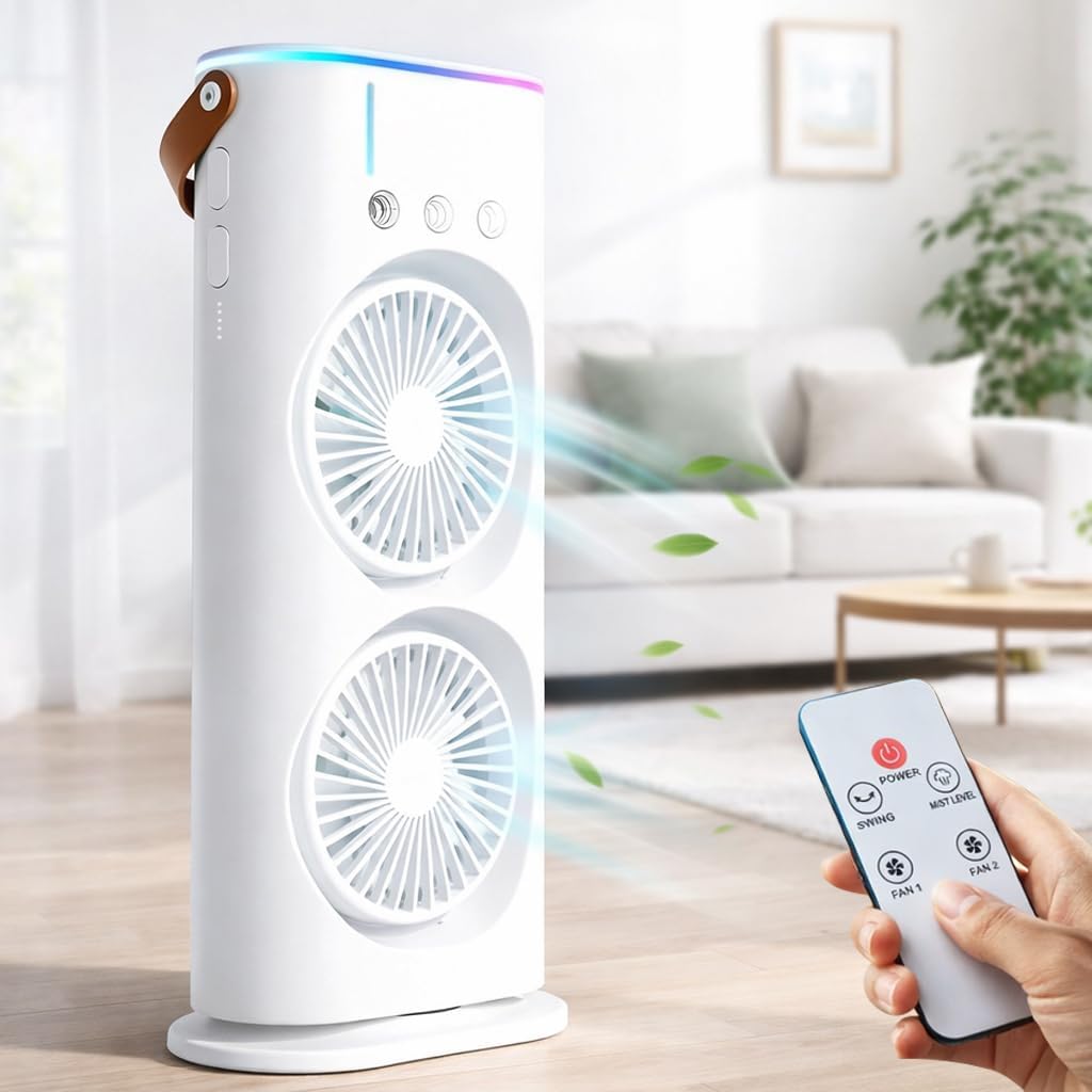 PANCA Portable Double Head Spray Fan with Misting | USB Rechargeable Mini Air Cooler with LED Light | 3 Speed Cooling Fan with 280ml Water Tank, Touch & Remote Control for Home, Office, Car-image-49