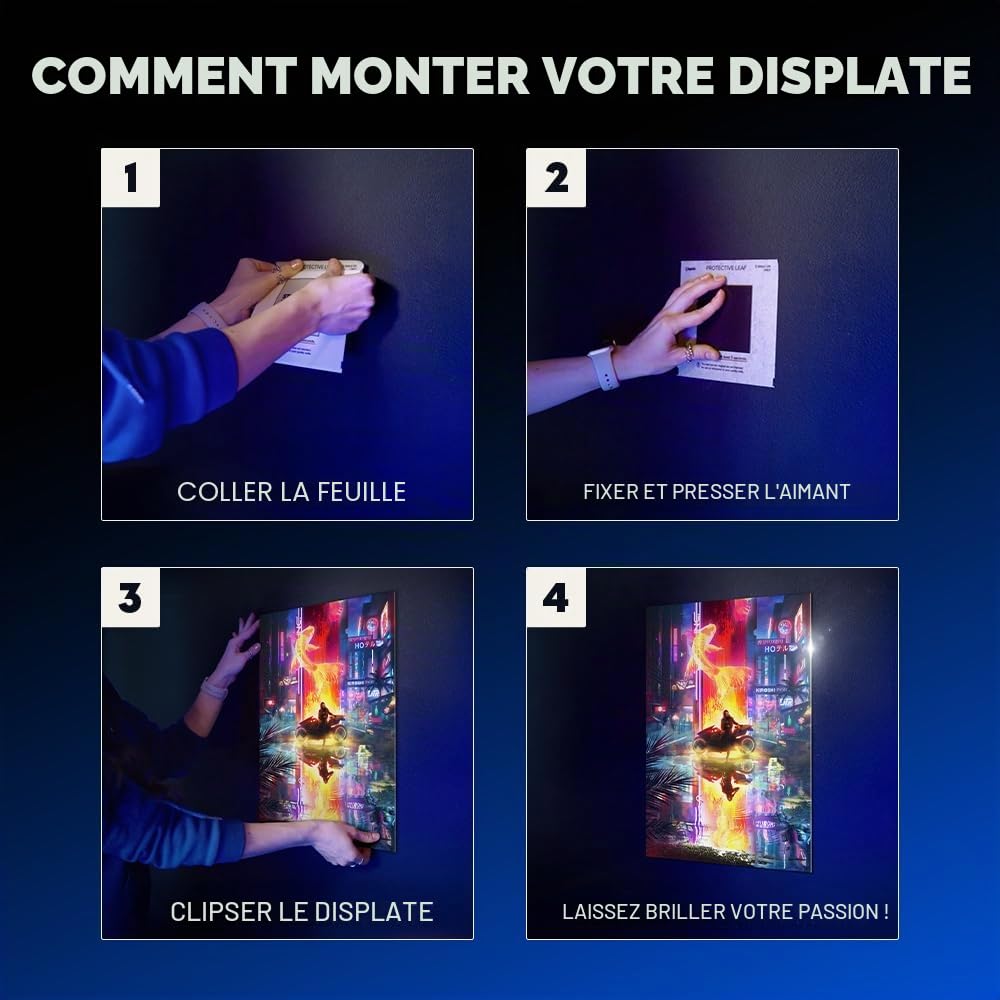 Displate Kit de support mural magnétique pour accrocher des tableaux, lot de 3 aimants muraux à décoller et coller avec adhésif amovible sécurisé – sans perçage, aimants sans dommages pour art mural