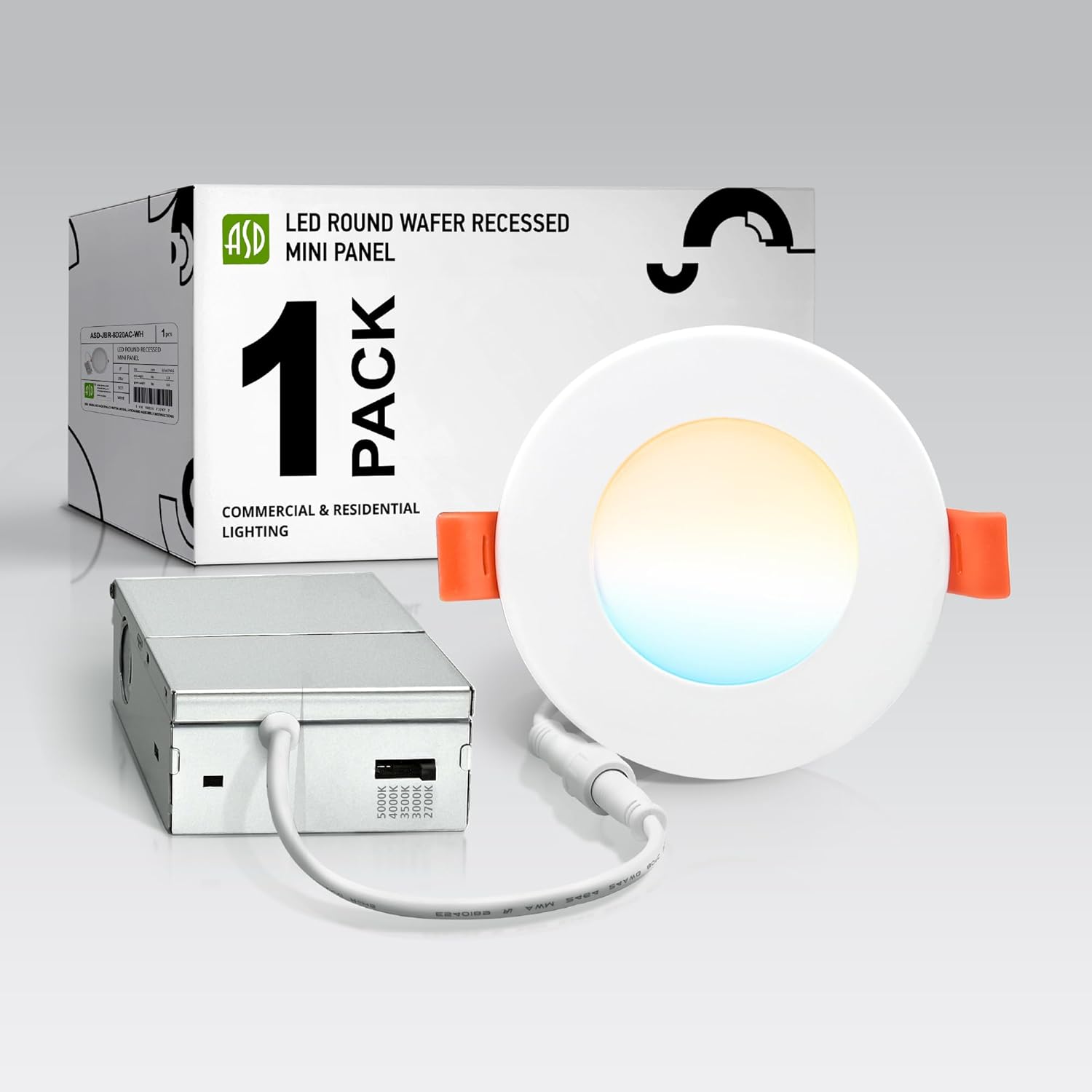 ASD 1 Pack 3 Inch LED Recessed Light 6W, 5 CCT 2700K-5000K CRI90+, IC Rated Ultra Thin Dimmable Ceiling Lights with J Box, Canless Wafer Downlight, Round Slim Panel Lighting, Energy Star ETL, White