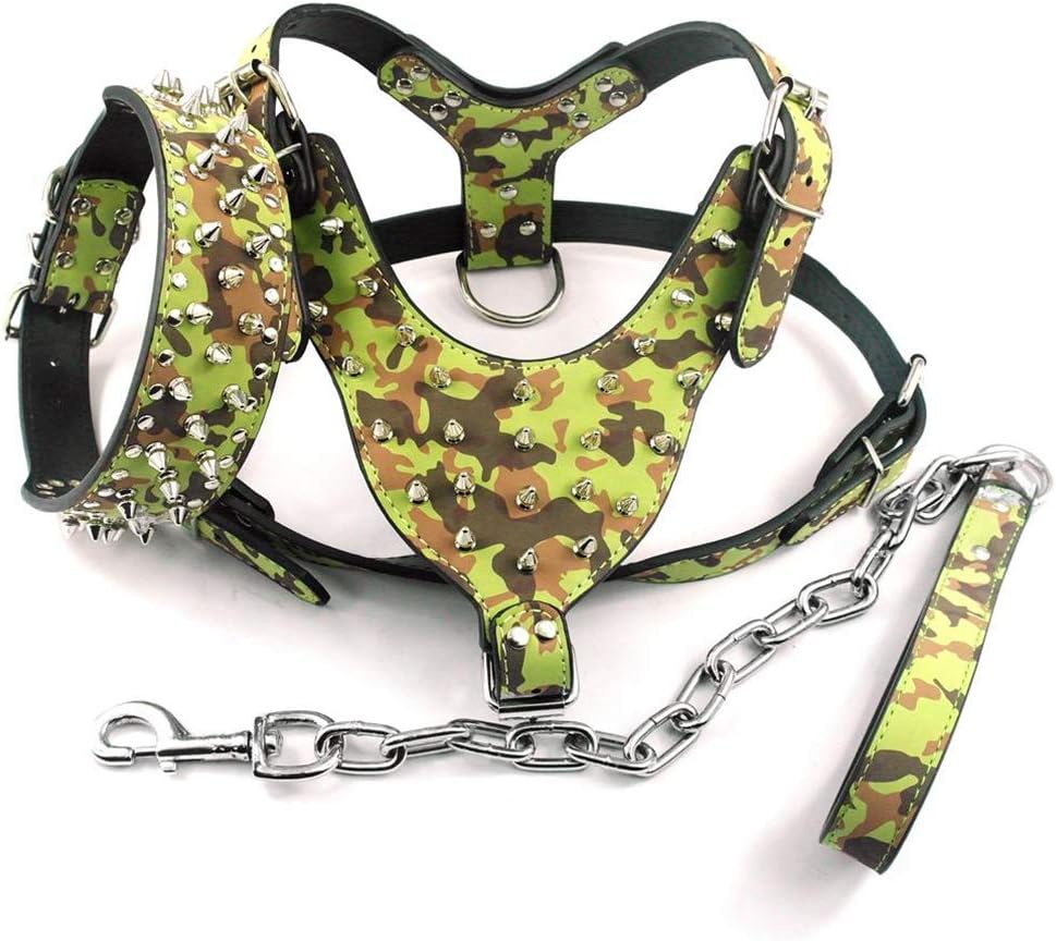 Leather Dog Harness Spiked Studded Dog Pet Collar Harness and Chain Leash Set for Medium Large XLarge Breeds Pitbull Mastiff Gold Spikes XL