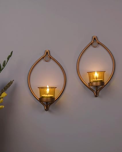 Homesake Wall Candle Sconce Set of 2 Wrought Iron Candle Holder Hanging Wall Mounted Candle Sconces for Living Room Home Decor, Black with Glass and Free T-Light Candles (Eye Yellow Gold)