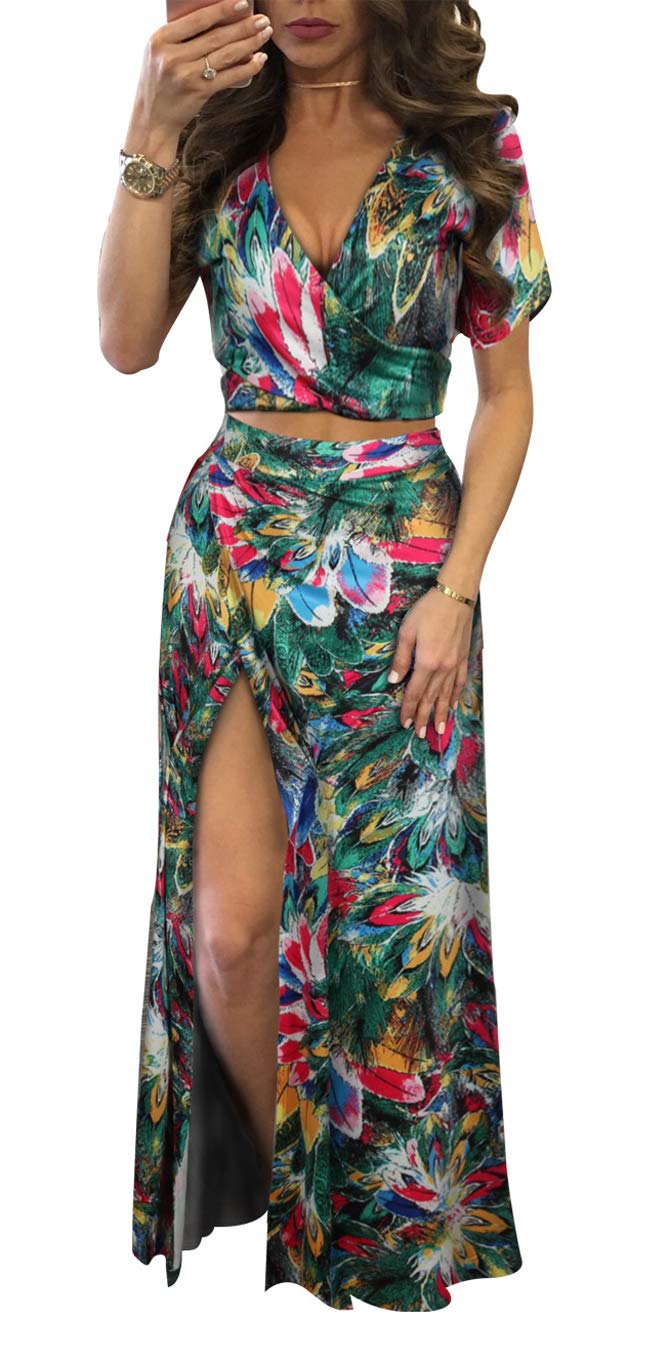 Photo 1 of Aro Lora Women's Sexy V Neck Floral Printed Side Slit Two-Piece Maxi Dress Small Dark Pea Green